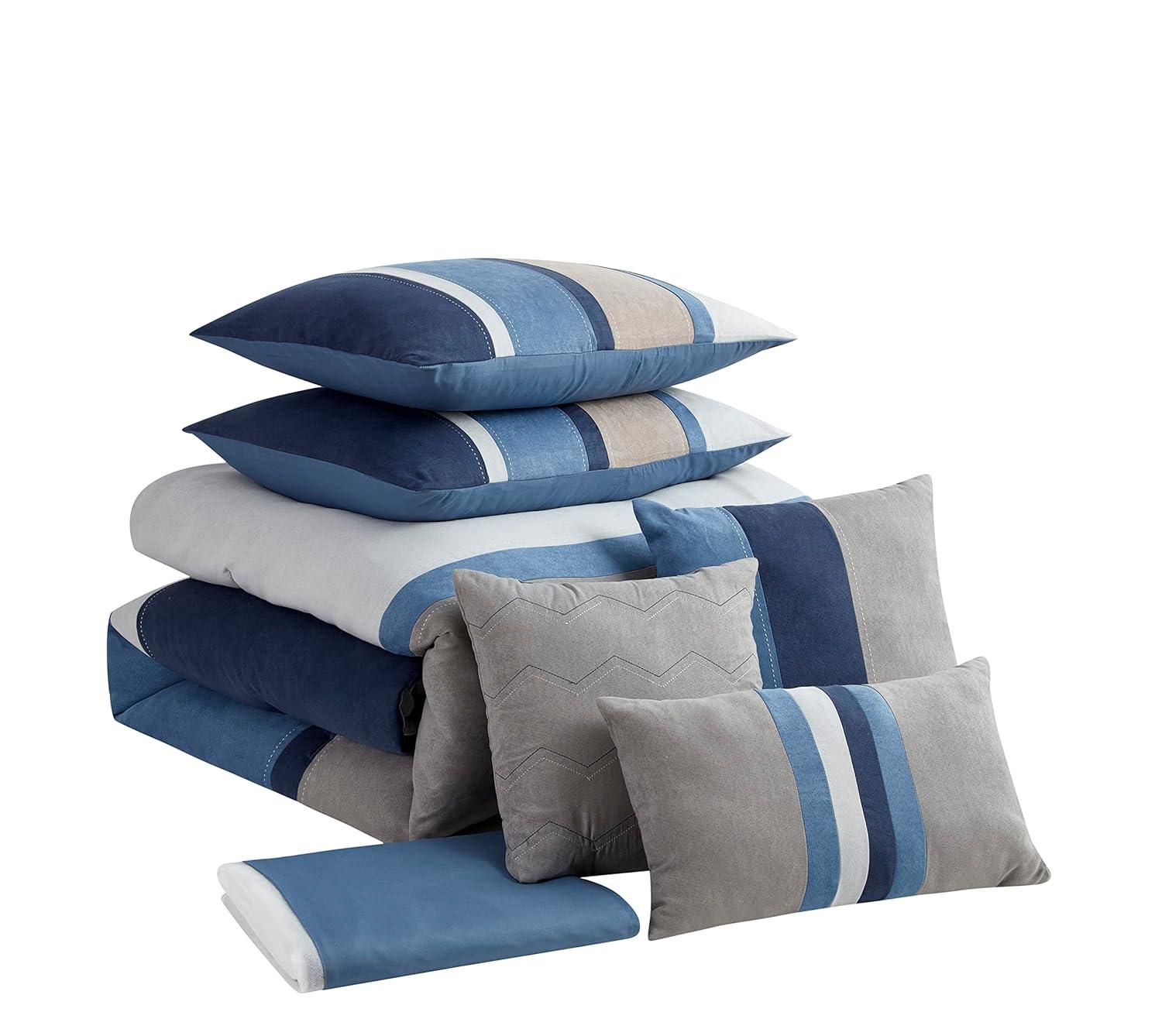 Queen Comforter Set Ultra Soft Faux Suede Fashion Bedding Sets with Shams, Throw Pillows, and Bed Skirt, Queen, Denim
