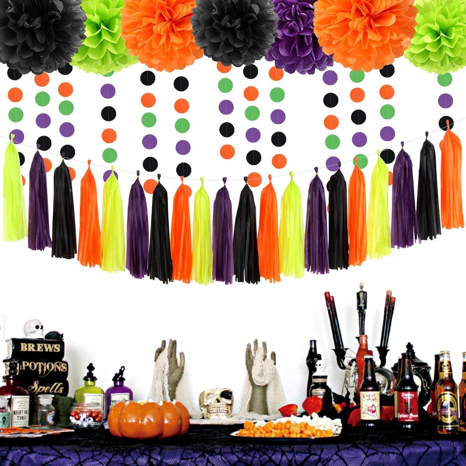 Black White Orange Halloween Party-Decorations - 23pcs Tissue Pom Poms Streamers,Tassel Garland Banner,Graduation 2025 Birthday Wedding Baby Bridal Shower Decor Bunting Lasting Surprise