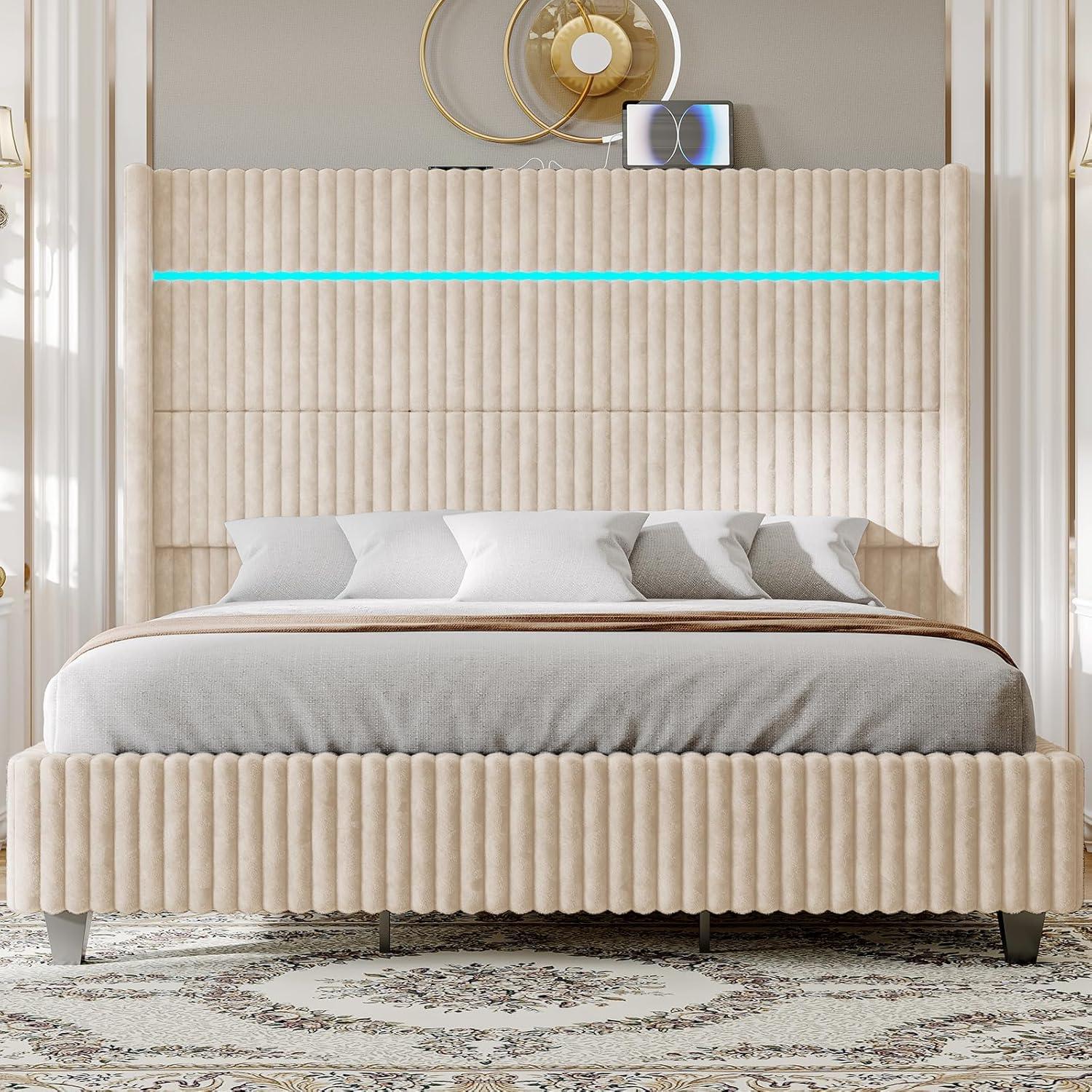 Ivy Bronx LED Bed Frame, Corduroy Upholstered Platform with 60" Tall Headboard & Charging Station