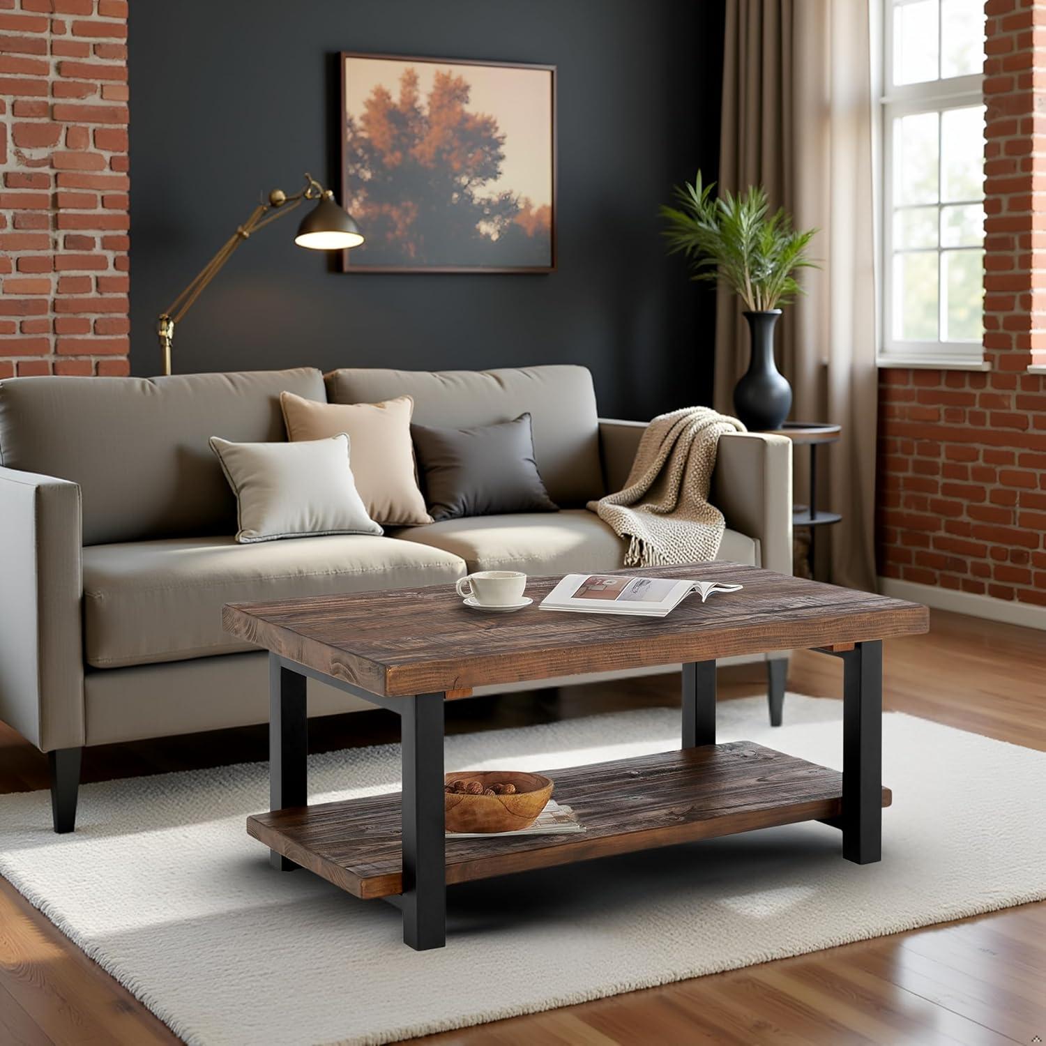 Alaterre Furniture 42" Pomona Wide Coffee Table Wood Rustic Natural: Fixed Shelf, Metal Frame, Living Room Furniture