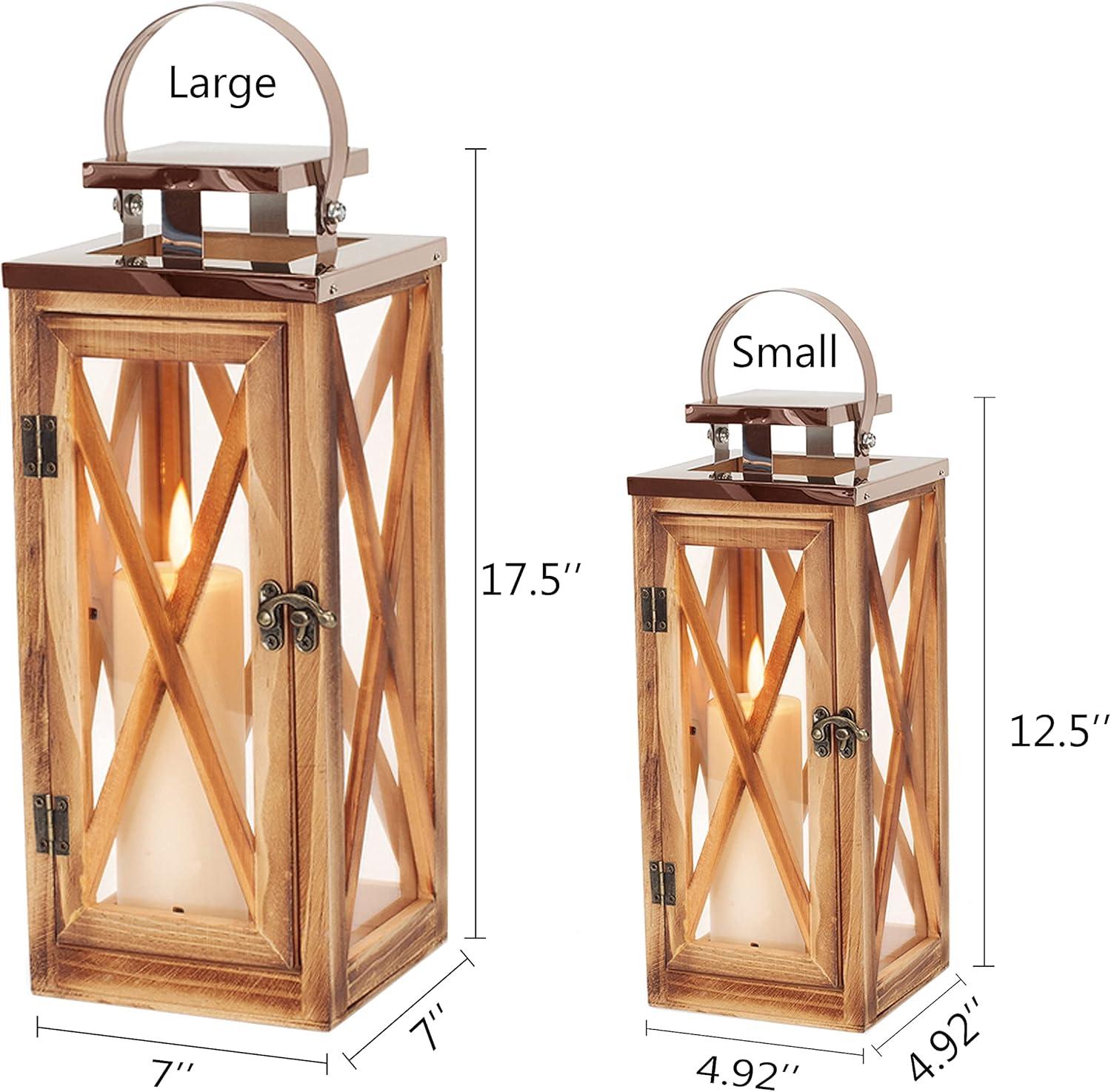 Wooden Candle Lantern Decorative Set of 2, Patio Decor with Stainless Top and Glass Inserts, Hurricane Lantern Holder Decor for Indoor Outdoor, Home, Garden, Wedding (Small-Large Set)