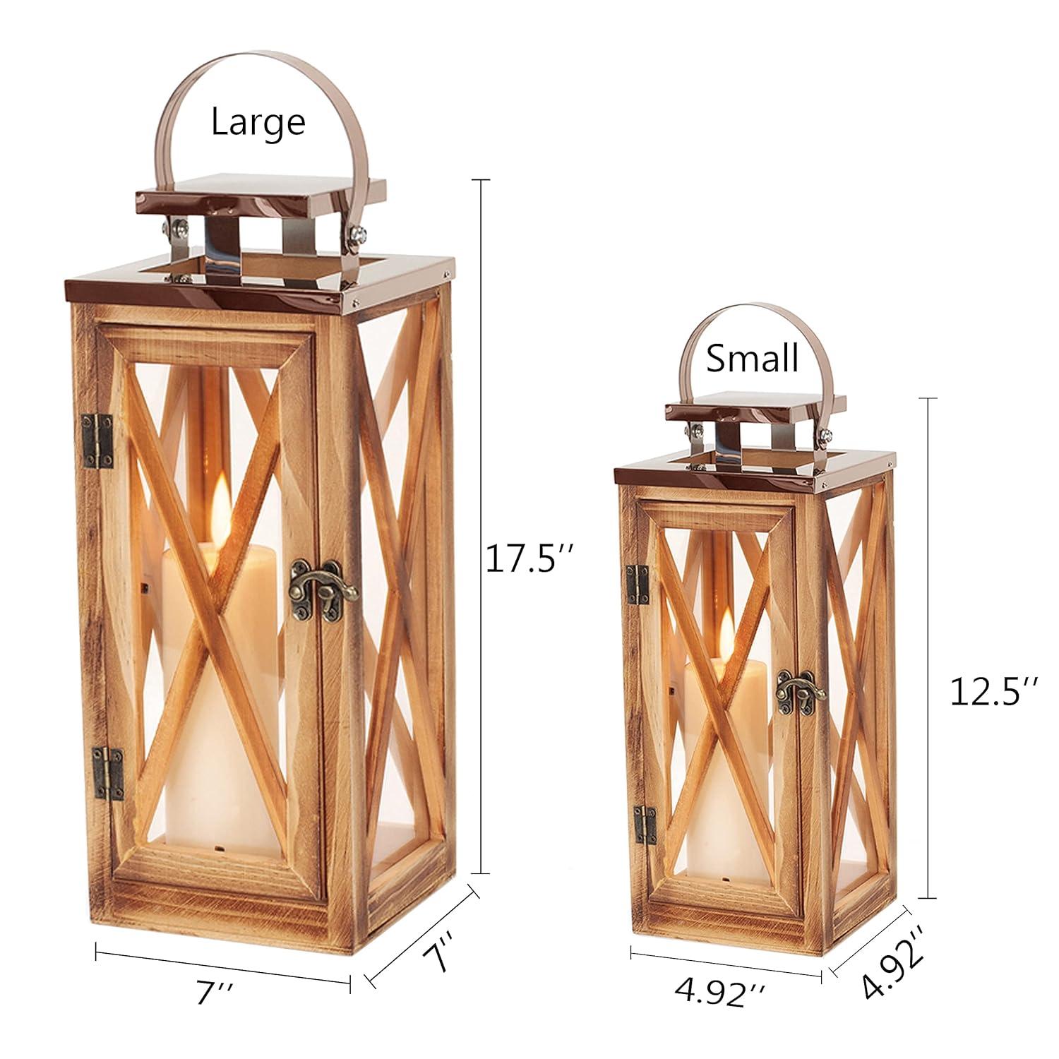Wooden Candle Lantern Decorative Set of 2, Patio Decor with Stainless Top and Glass Inserts, Hurricane Lantern Holder Decor for Indoor Outdoor, Home, Garden, Wedding (Small-Large Set)
