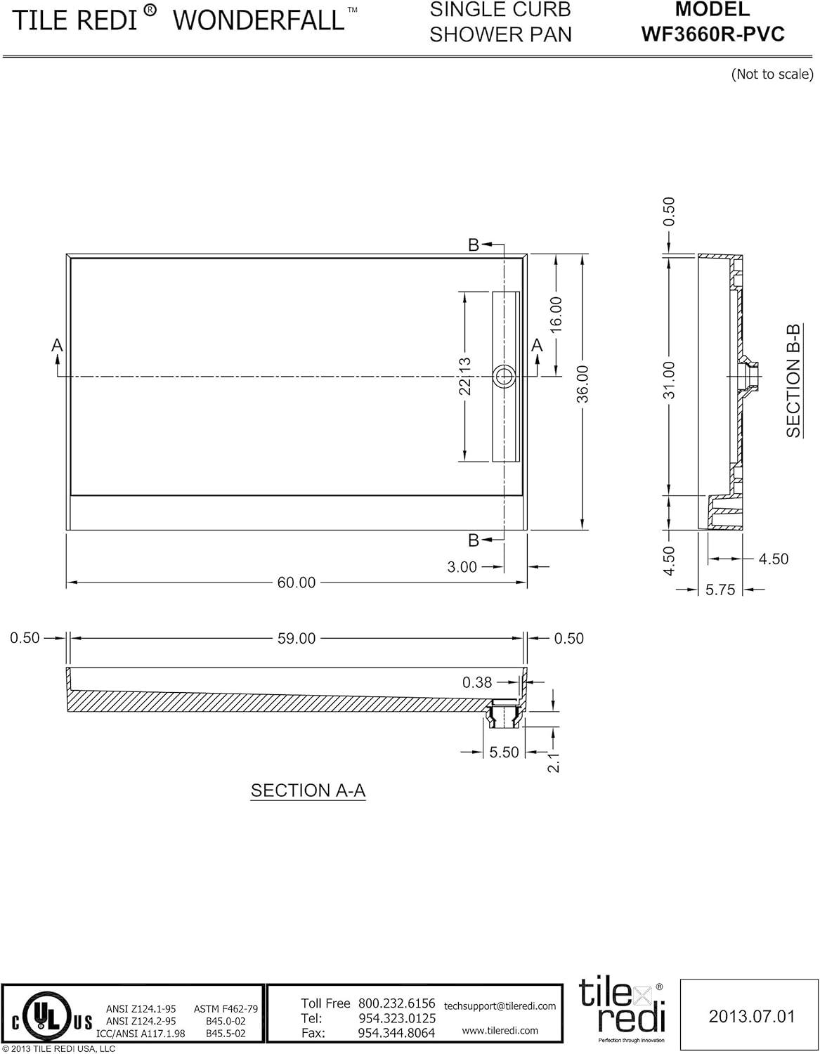 Tileable Gray PVC Single Curb Shower Pan with Right Drain