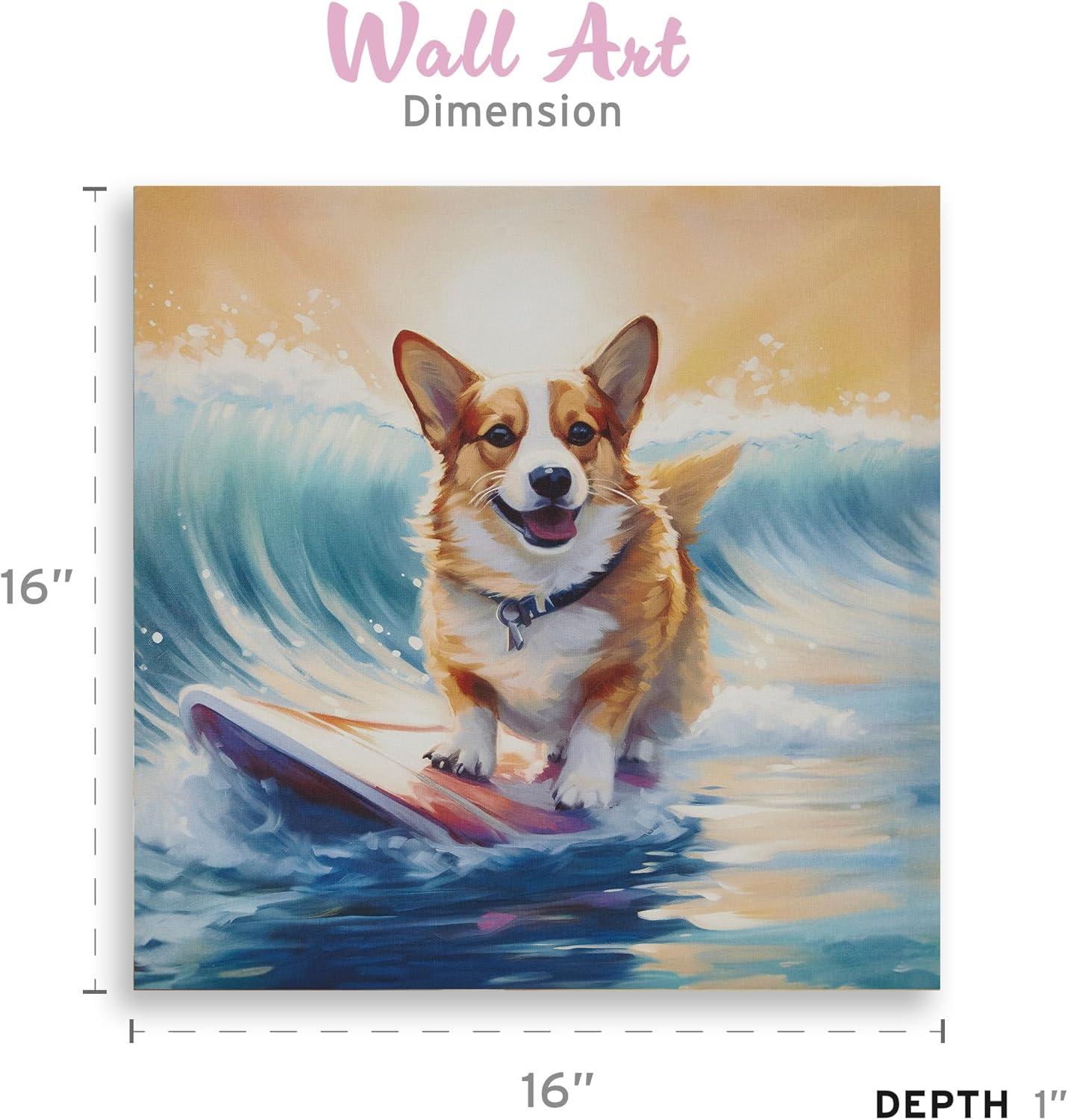 Madison Park 16"x16" Beach Playful Lively Dogs Print Canvas Wall Decor Art Corgi Blue: Farmhouse Style, Animal Theme for Living Room