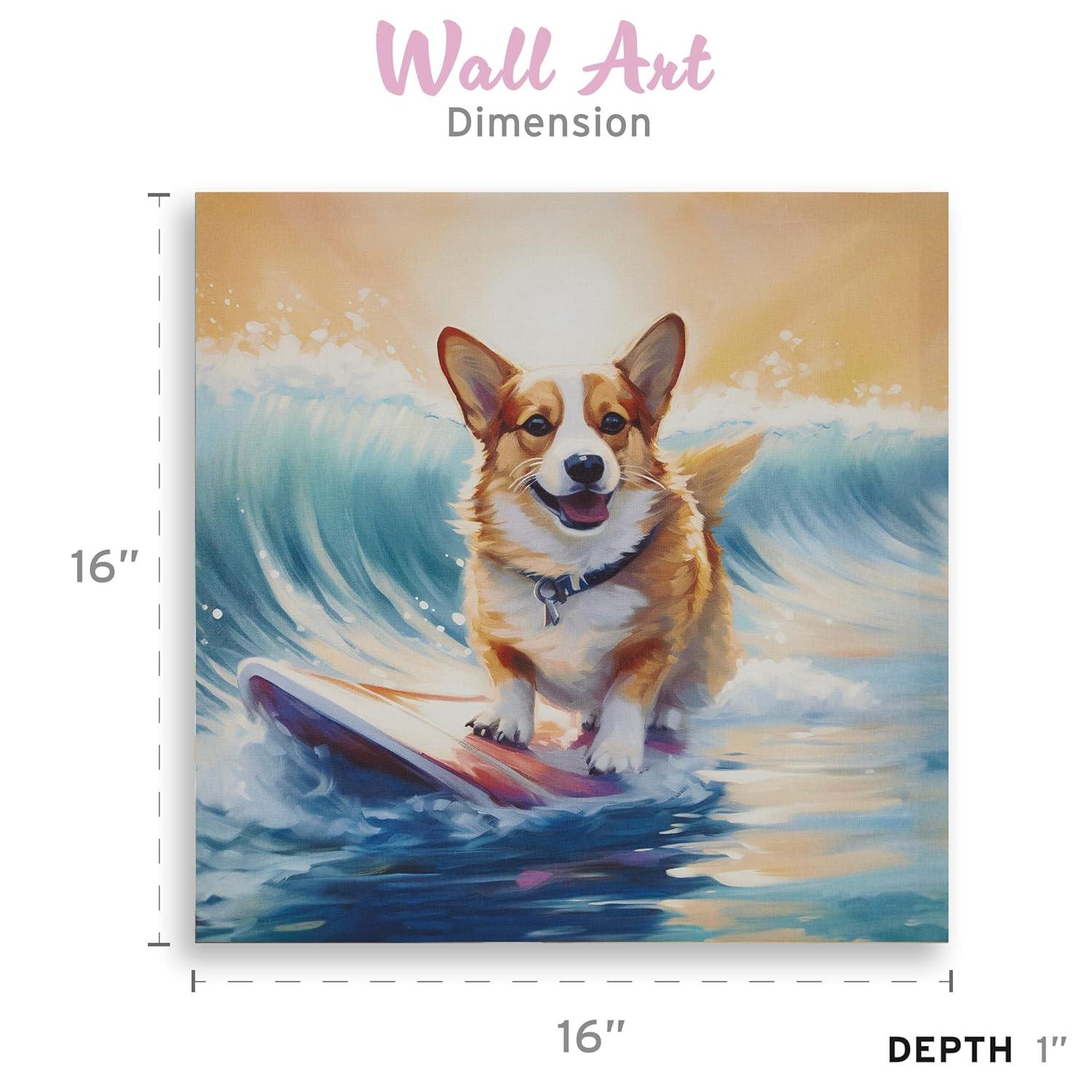 Madison Park 16"x16" Beach Playful Lively Dogs Print Canvas Wall Decor Art Corgi Blue: Farmhouse Style, Animal Theme for Living Room