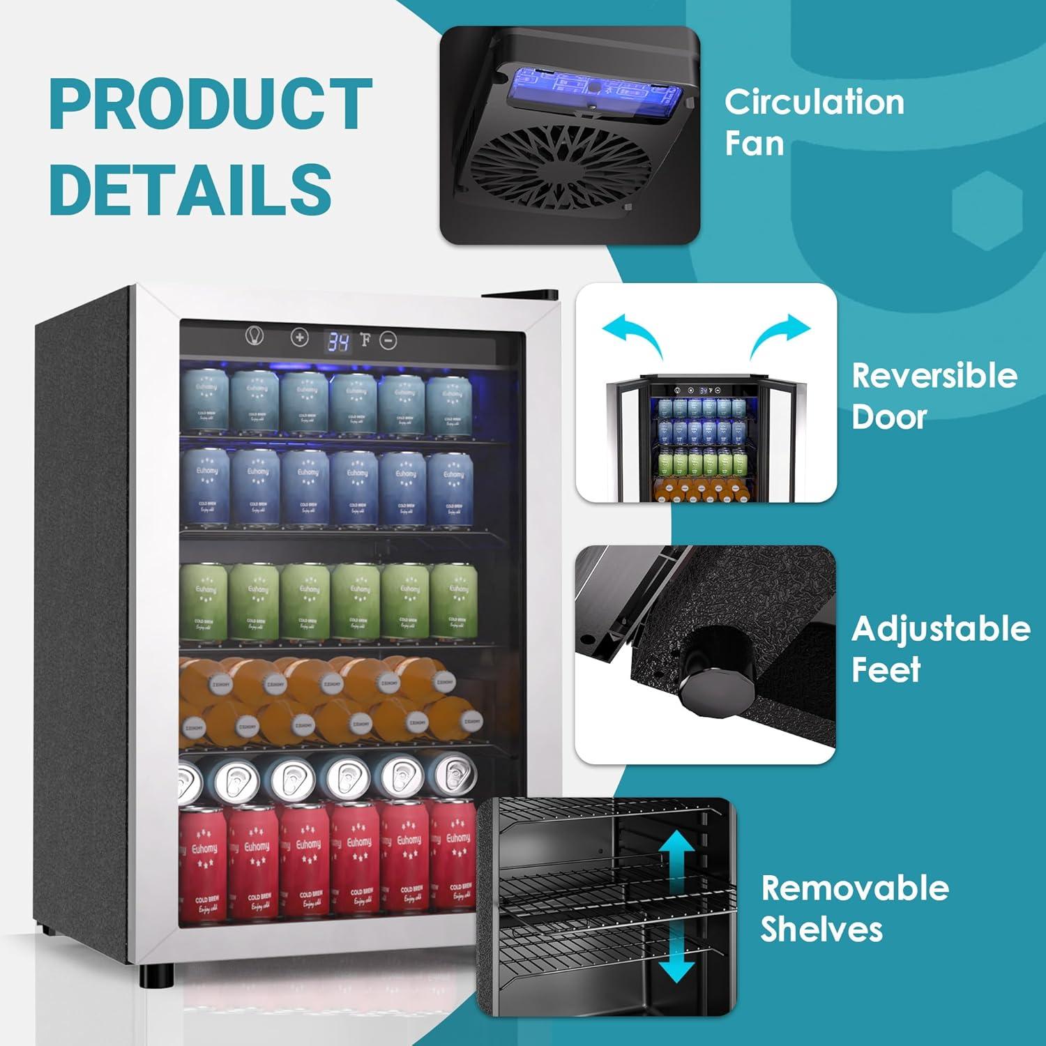 ZenZone 4.5 Cu.ft Beverage Refrigerator and Cooler, 145 Can Mini fridge with Glass Door for Soda Beer Wine, Small Drink Dispenser with Digital Adjustable Thermostat for Home Office Bar