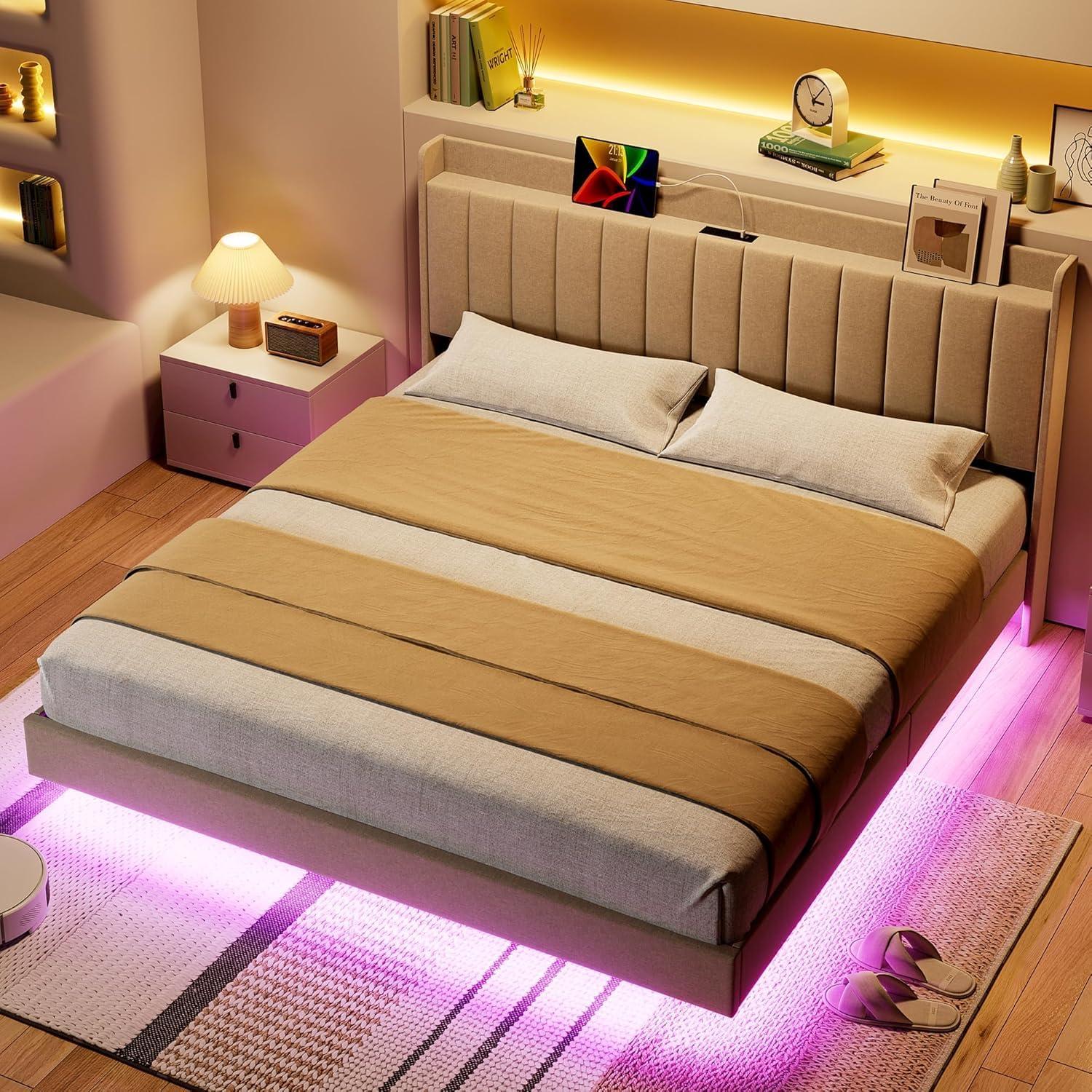 GarveeHome Queen Floating Bed Frame with Charging Station & Storage Headboard, Upholstered Platform Full Size Bed Frame with LED Lights, Solid Wood Slats, Beige