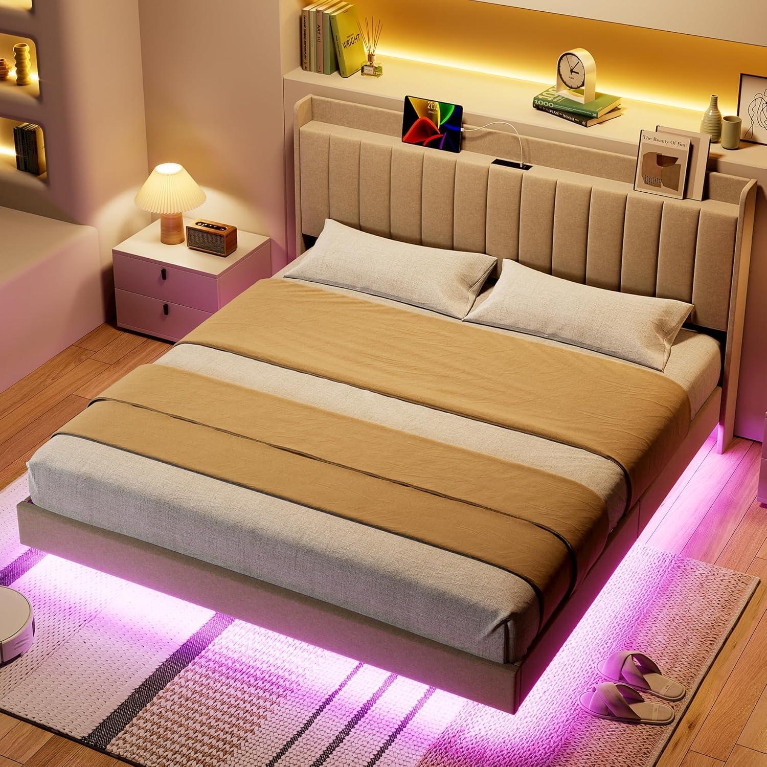 GarveeHome Queen Floating Bed Frame with Charging Station & Storage Headboard, Upholstered Platform Full Size Bed Frame with LED Lights, Solid Wood Slats, Beige
