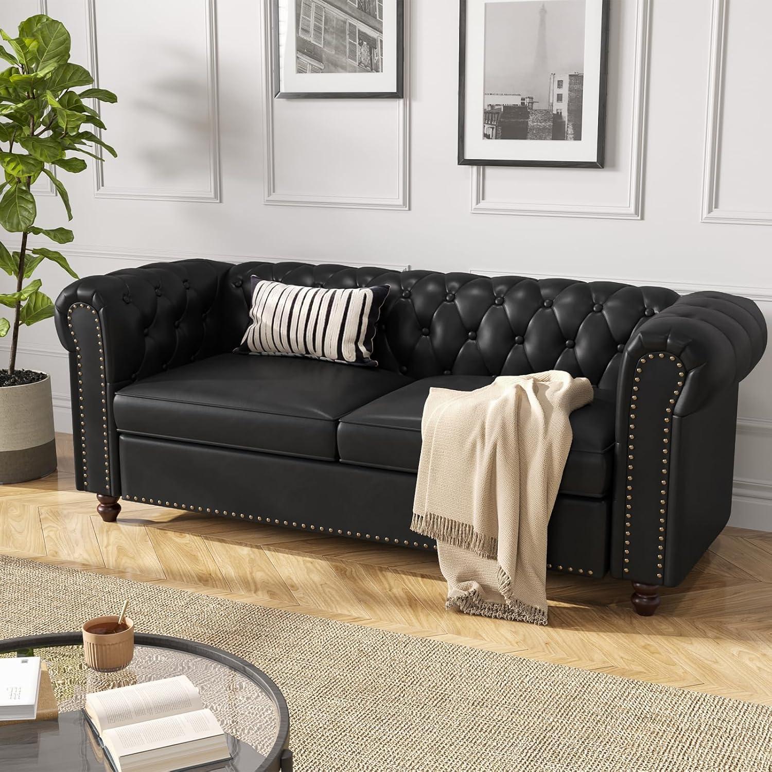 Alcott Hill® 72 Inch Couch Chesterfield Leather Sofa With Wooden Legs