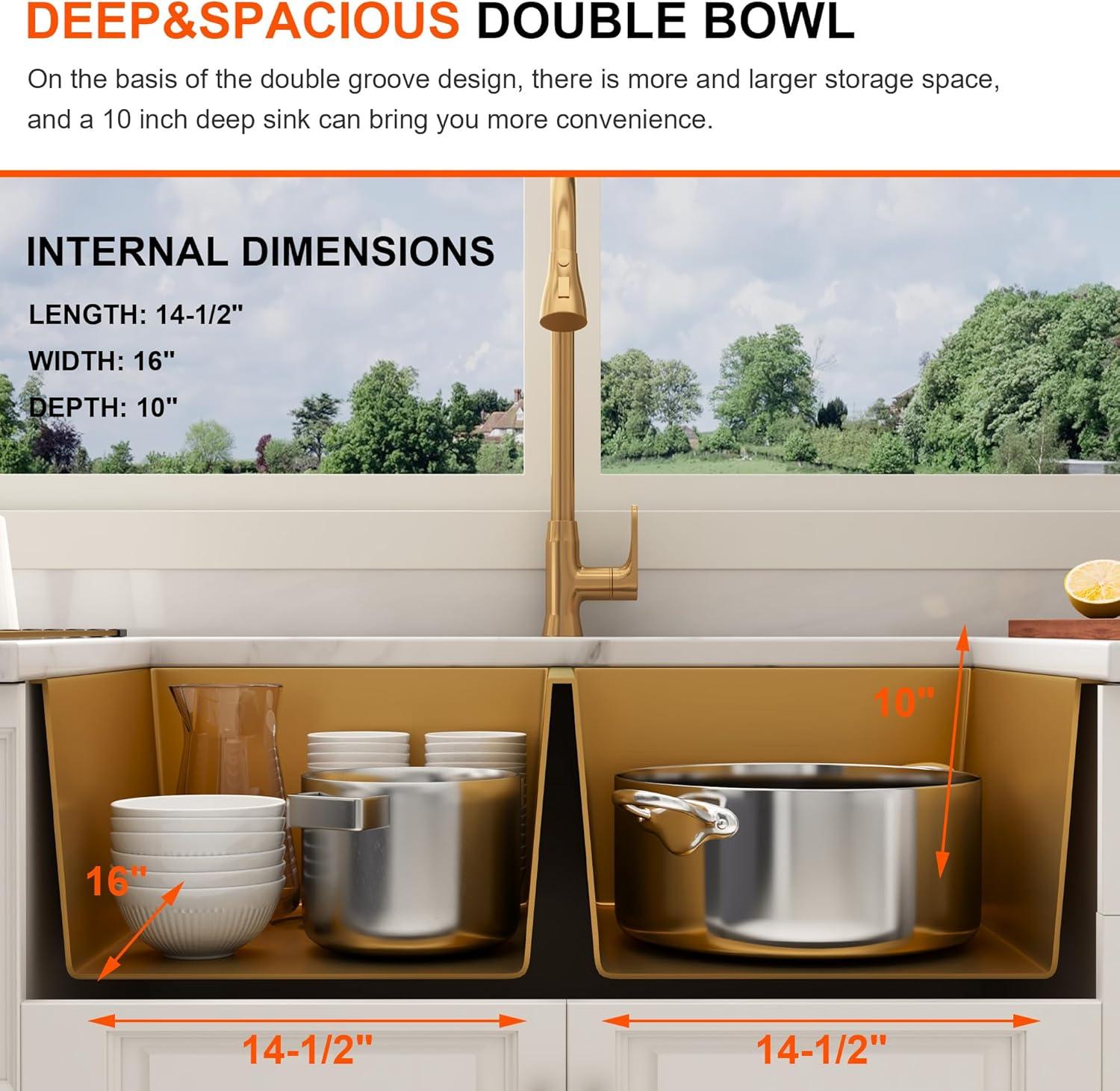 Blenzia 32 Inch Gold Double Bowl Kitchen Sink Undermount 50/50 Stainless Steel 16 Gauge Sinks 32" X 18" X 10"