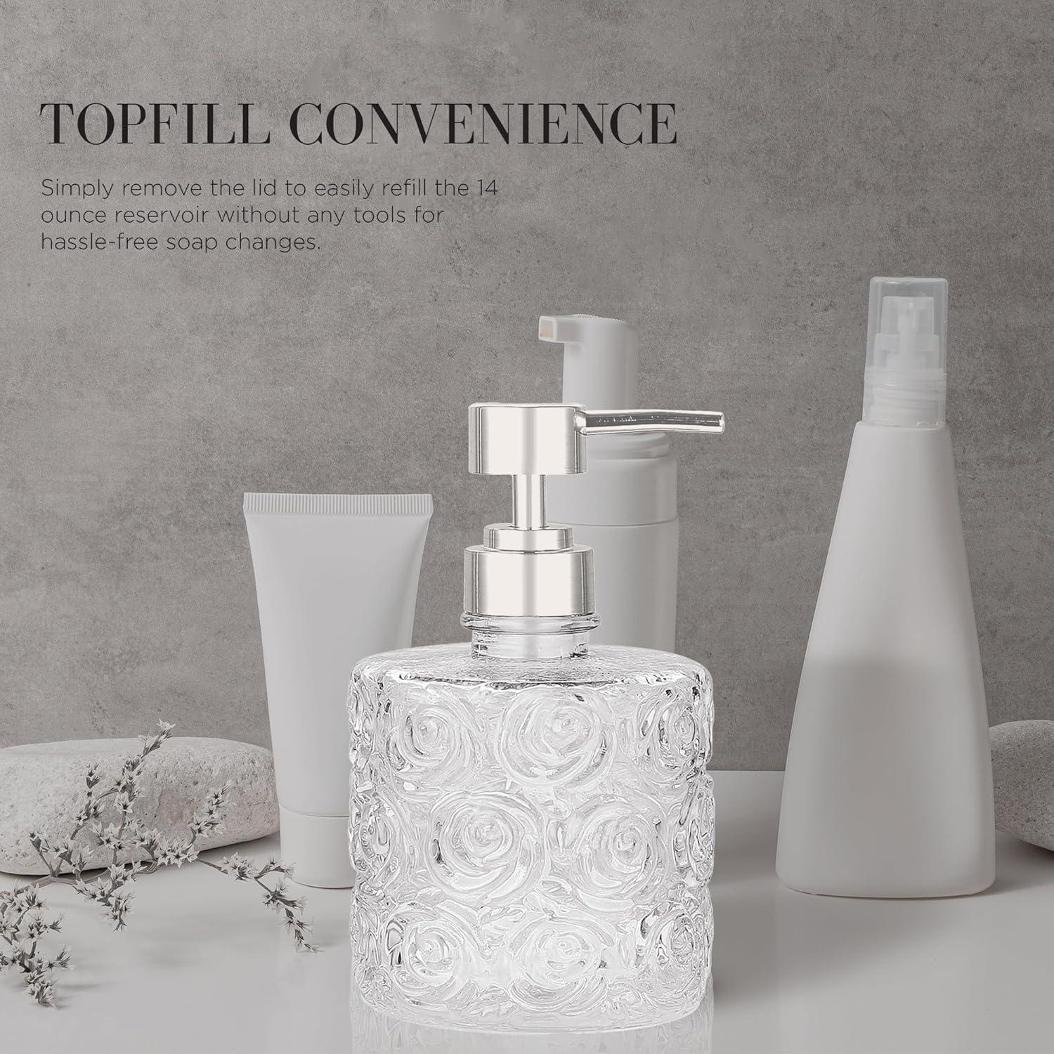 Marcella Glass Soap Dispenser with Soap Pump, Refillable 14 Ounce Capacity, Floral Design Rose Patterns, Heavy Weight Thick Glass for Bathroom, Premium Kitchen Soap Dispenser Peach Blush