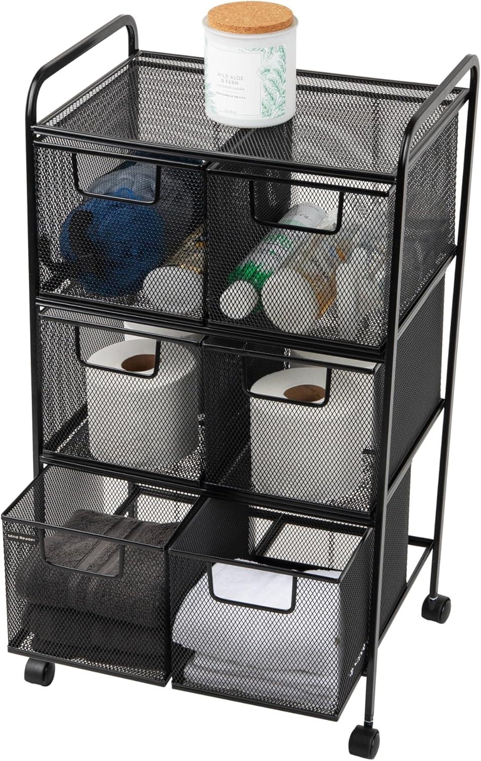 Mind Reader Metal Rolling 3-Tier File Cart with 6 Drawers, Black