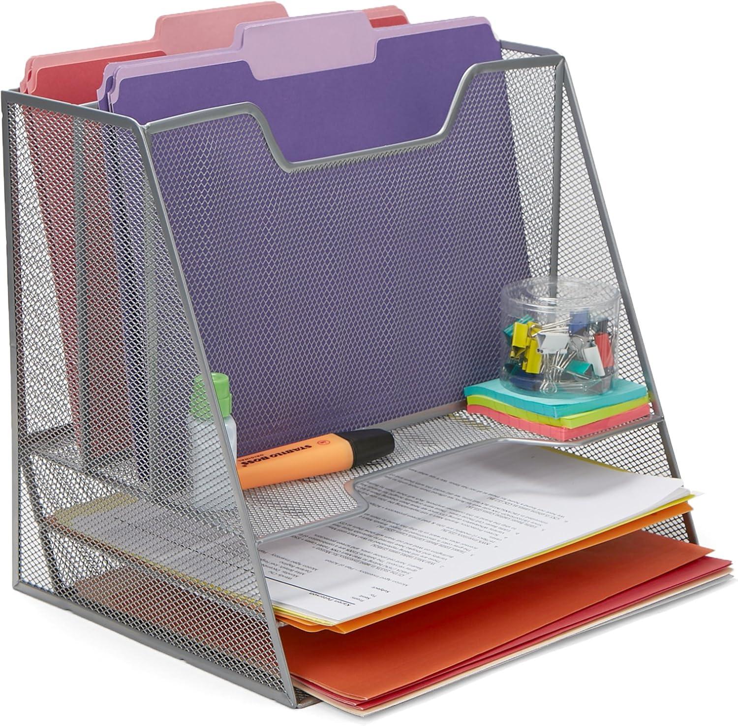 Silver Mesh 5-Compartment Desktop Organizer with 3 Tiers