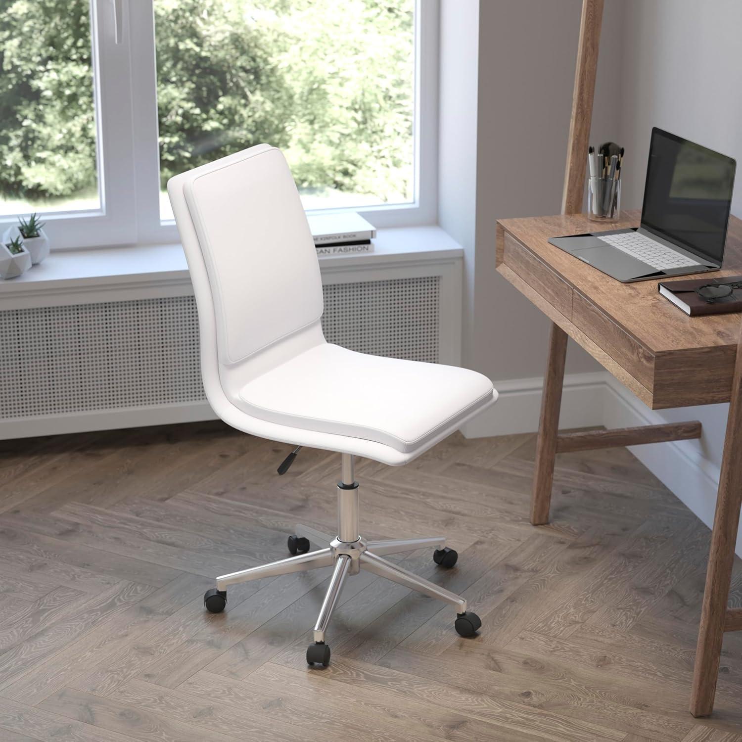 Flash Furniture Madigan Mid-Back Armless Swivel Task Office Chair with LeatherSoft and Adjustable Chrome Base, White