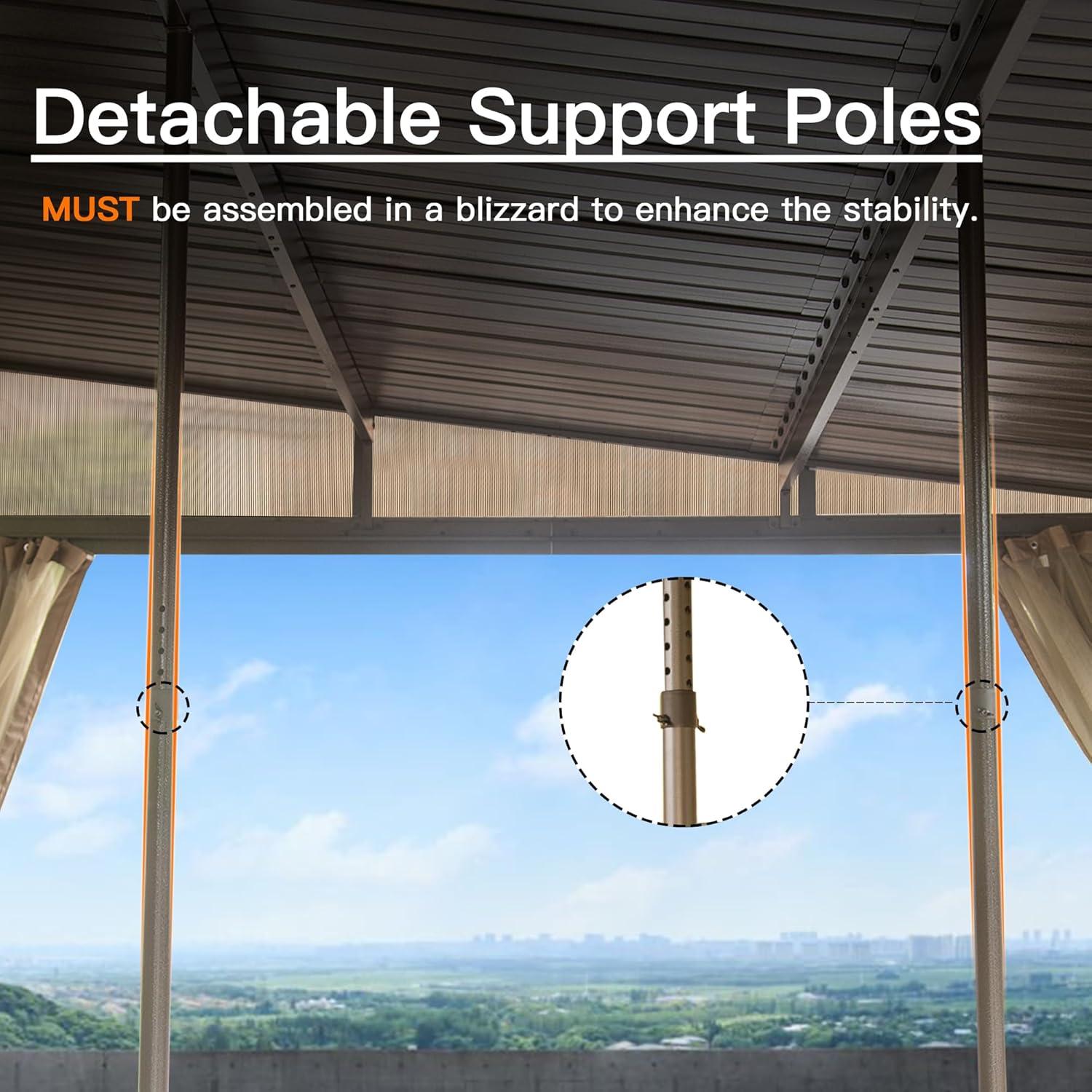 Domi 10x12FT Lean to Gazebo, Hardtop Wall Mounted Gazebo with Sloping Galvanized Steel Roof, Wall Pergola with Aluminum Frame, Curtains and Netting, for Patio, Deck, Garden, Backyard