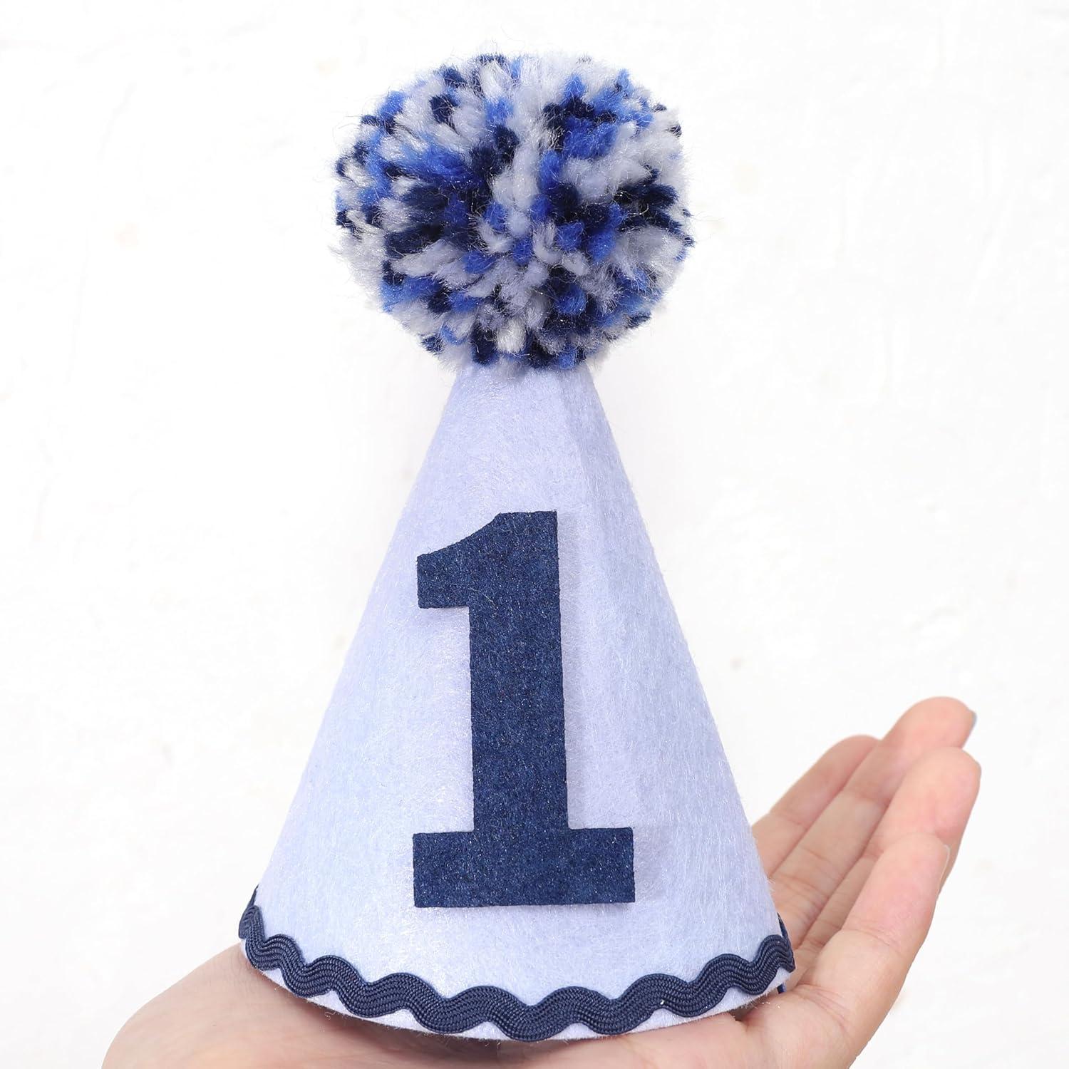 Amscan 250959 1st Birthday Blue Pom Pom Child's Party Hat, 1ct