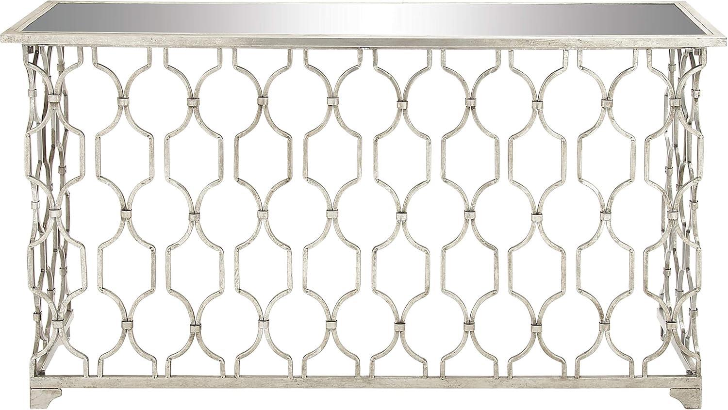 DecMode Contemporary Rectangular Metal with Mirror Top Console Table, 55"W x 32"H Features Silver Circular Trellis Pattern