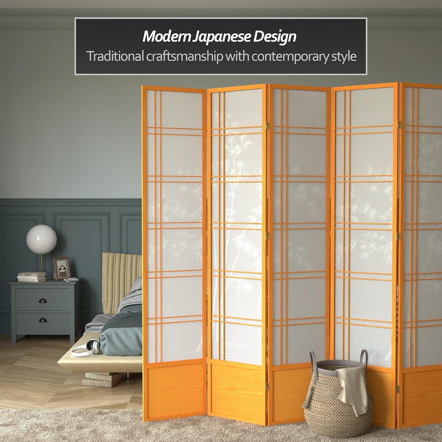 7 ft. Tall Bamboo Tree Shoji Screen - Honey (5 Panels): Oriental Furniture, Hardwood Frame, Metal Hardware
