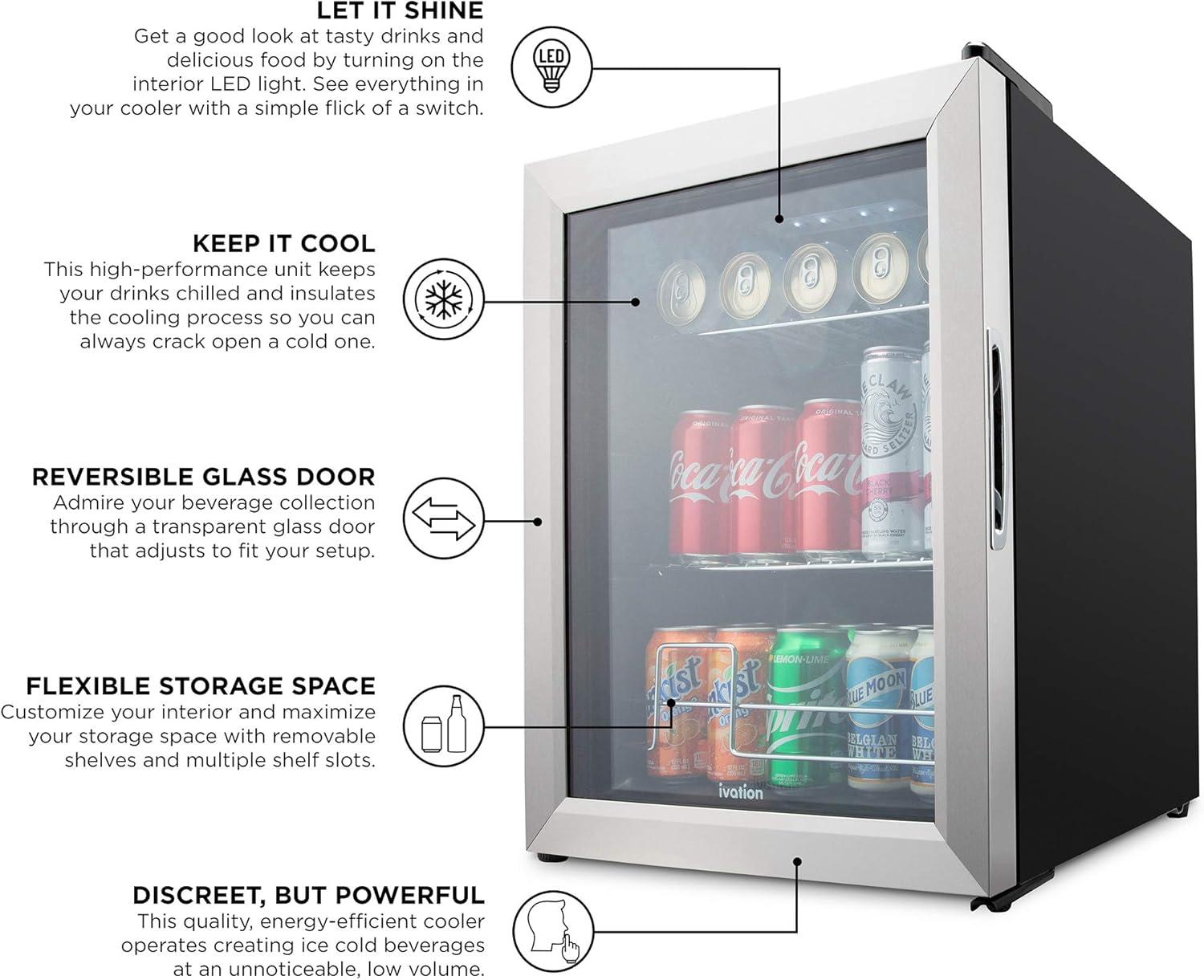 Ivation 62 Can Beverage Refrigerator | Freestanding Ultra Cool Mini Fridge |Reversible Glass Door & Adjustable Shelving - Stainless Steel