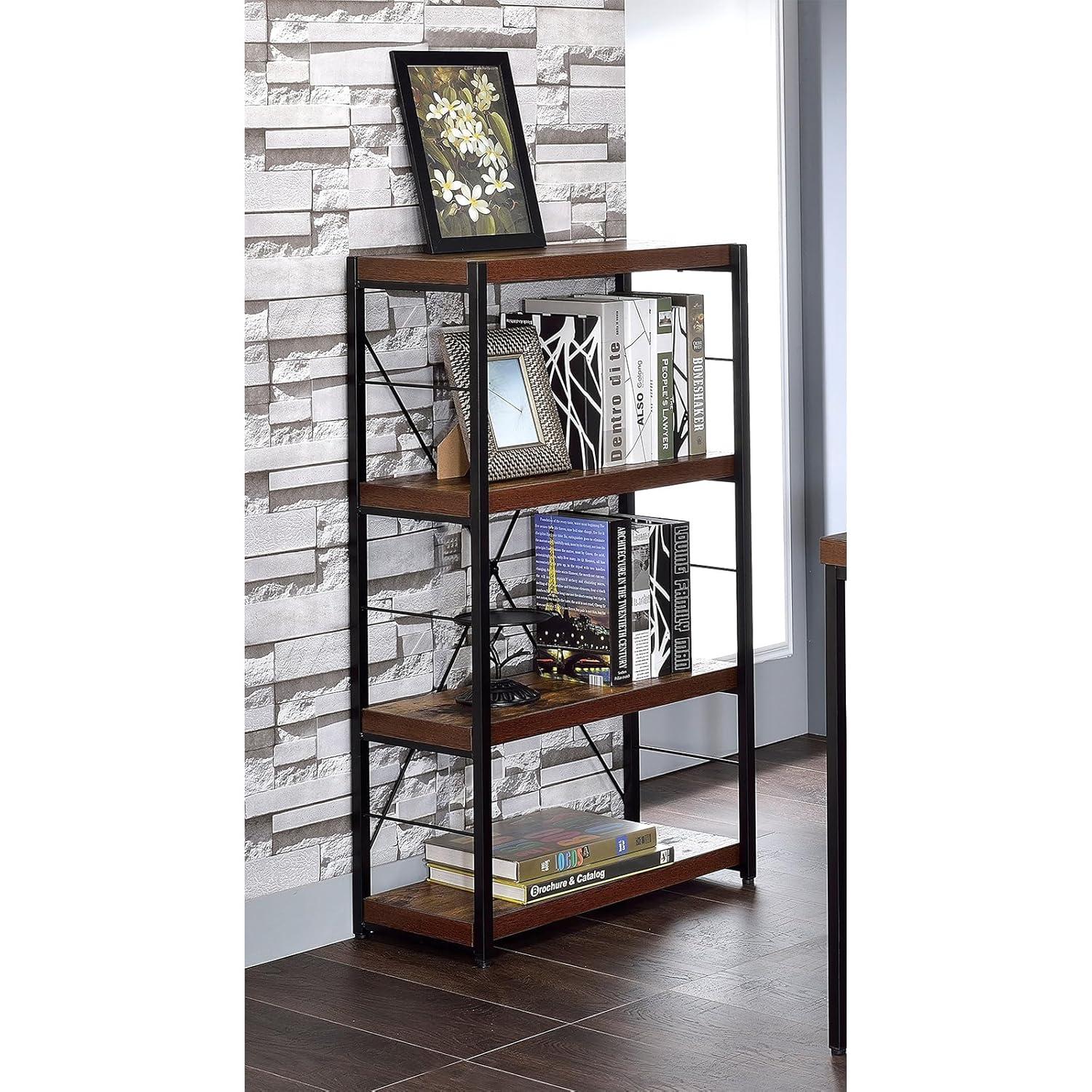 4 Tiered Metal Framed Wooden Bookshelf Weathered Oak Brown and Black - Saltoro Sherpi