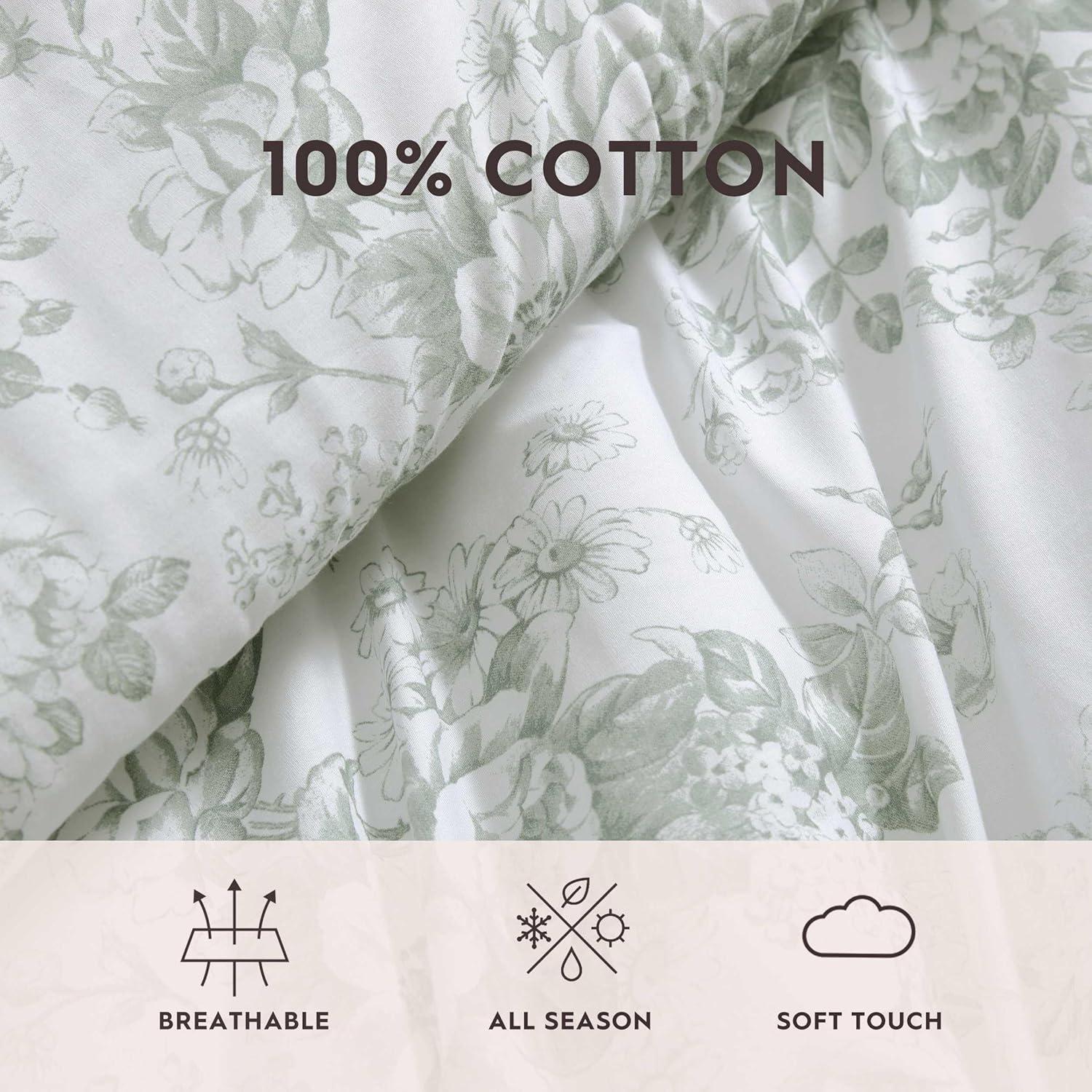 Twin Green Floral Cotton Reversible Comforter Set