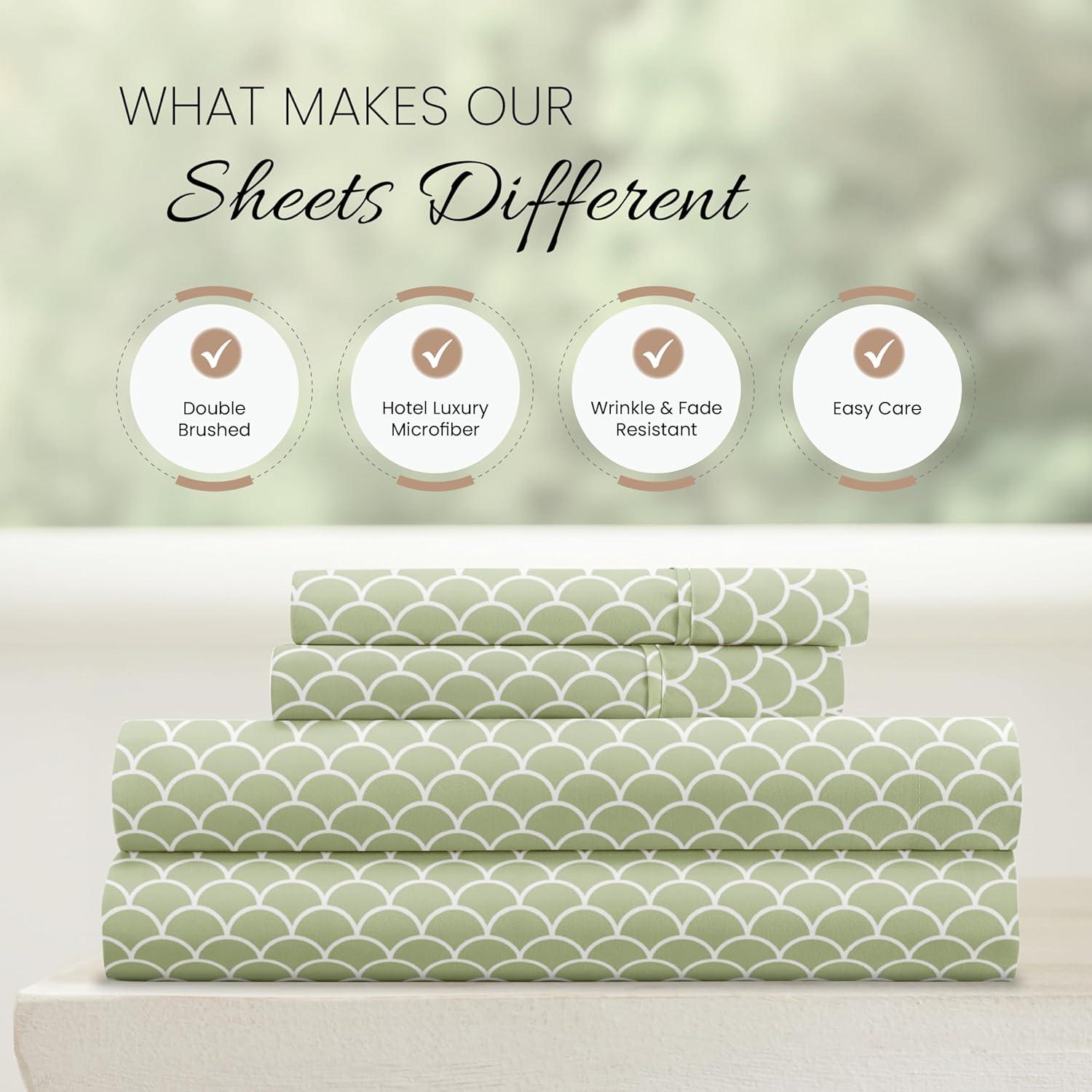 Linen Market Double-Brushed Patterned Microfiber King Sheet Set 4 Piece – Oeko-TEX Certified Ultra Soft & Wrinkle-Free - 16" Deep Pocket Sheets - Easy Care King Size - Scallops Sage