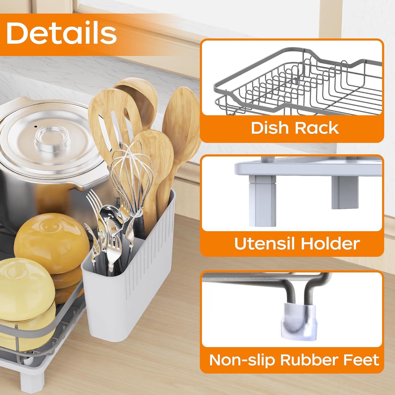 Dish Drying Rack, Stainless Steel Rustproof Dish Rack for Kitchen Counter, Sturdy Dish Drainer with Drainboard, Drainage, Utensil Holder for Various Kitchenware, 16.2"(L) x 12.6"(W), Black