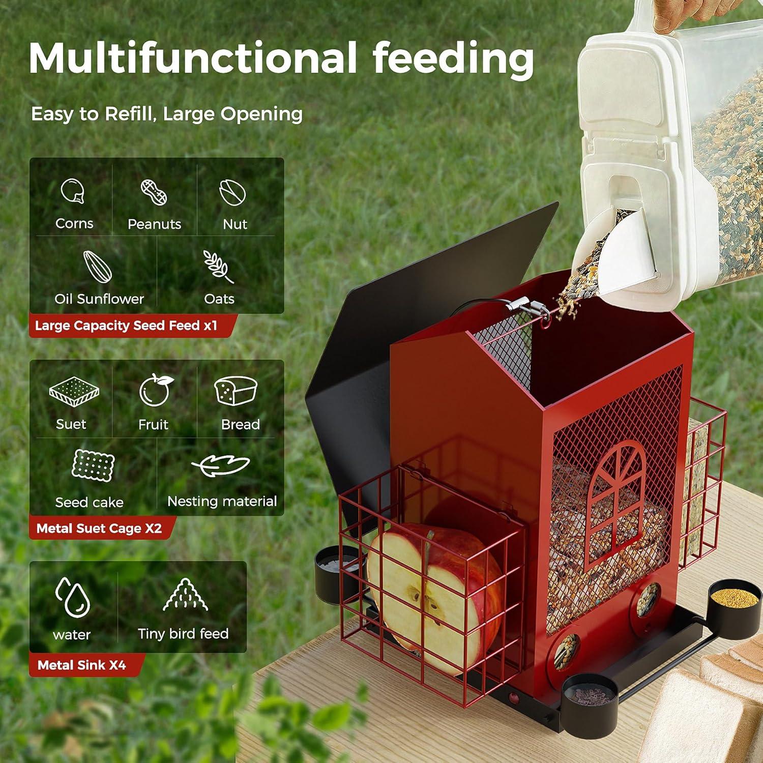 PerchMe® Bird Feeders for Outdoors Hanging, Metal Bird House Feeder with 2 Suet Cage and 4 Water Cups,Large Capacity,Weatherproof,Easy to Clean & Refill-Red