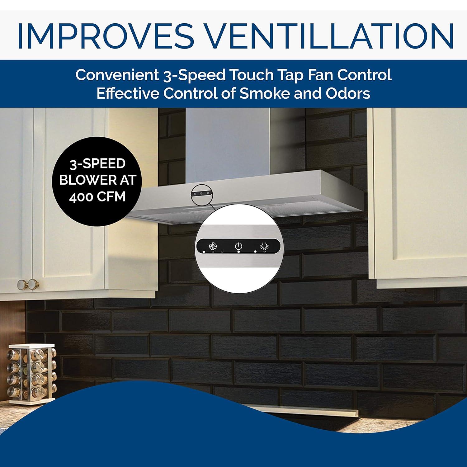 Broan-NuTone 24-inch Wall-Mount Chimney-Style Convertible Range Hood with 3-Speed Exhaust Fan and Light, 460 Max Blower CFM, Stainless Steel