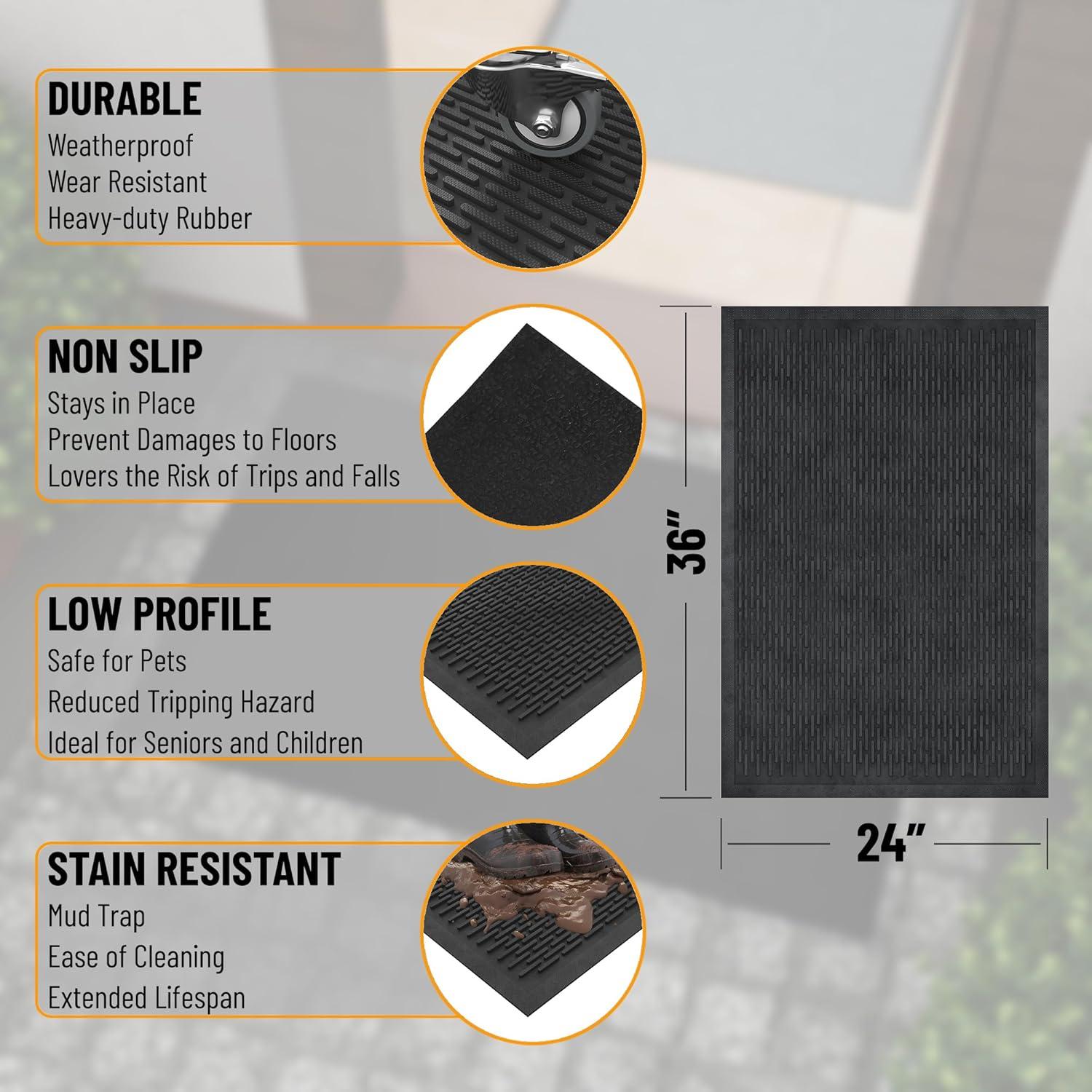 Ottomanson Easy clean, Waterproof Non-Slip Indoor/Outdoor Rubber Doormat, Black