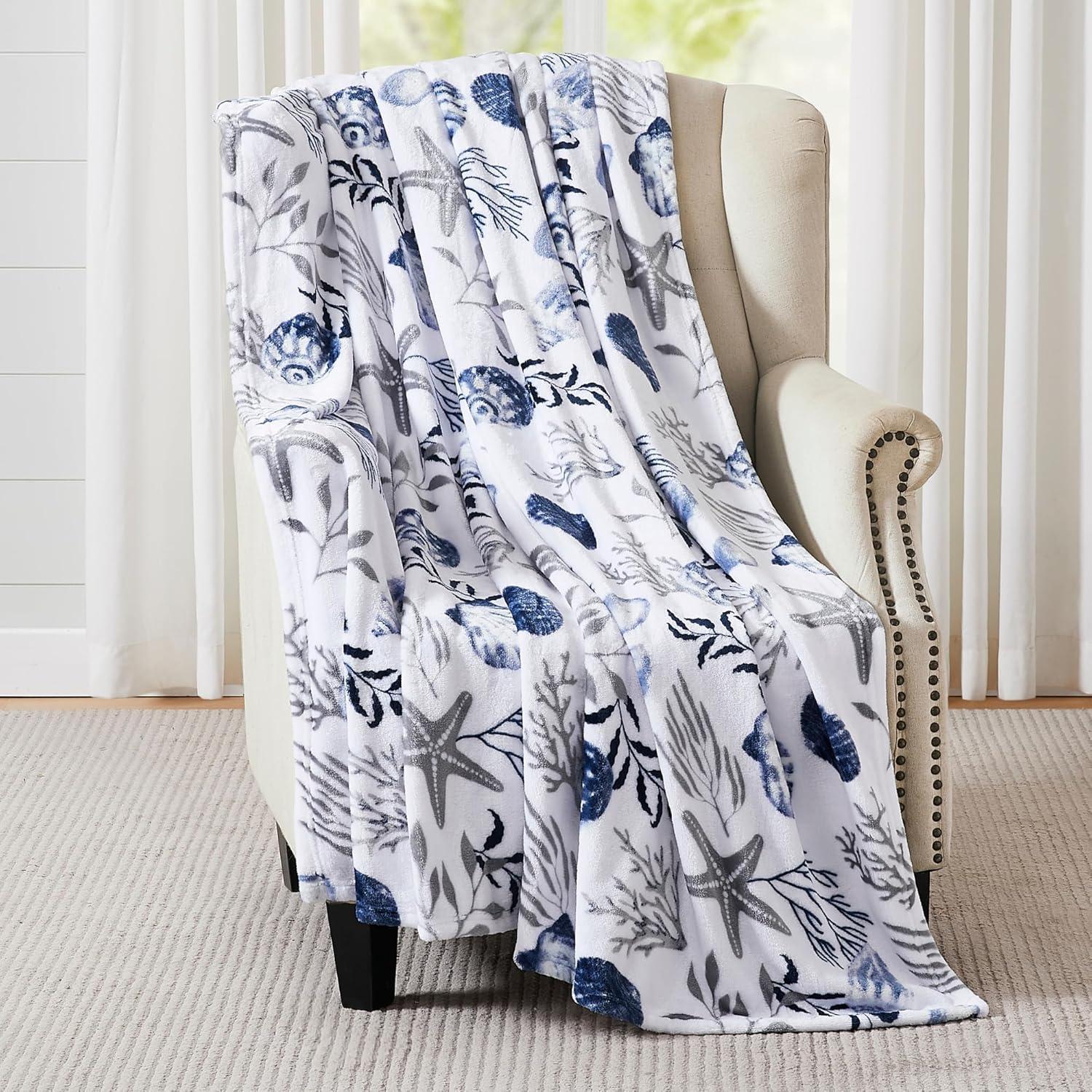 Coastal Ocean Life Fleece Throw Blanket with Shells and Starfish