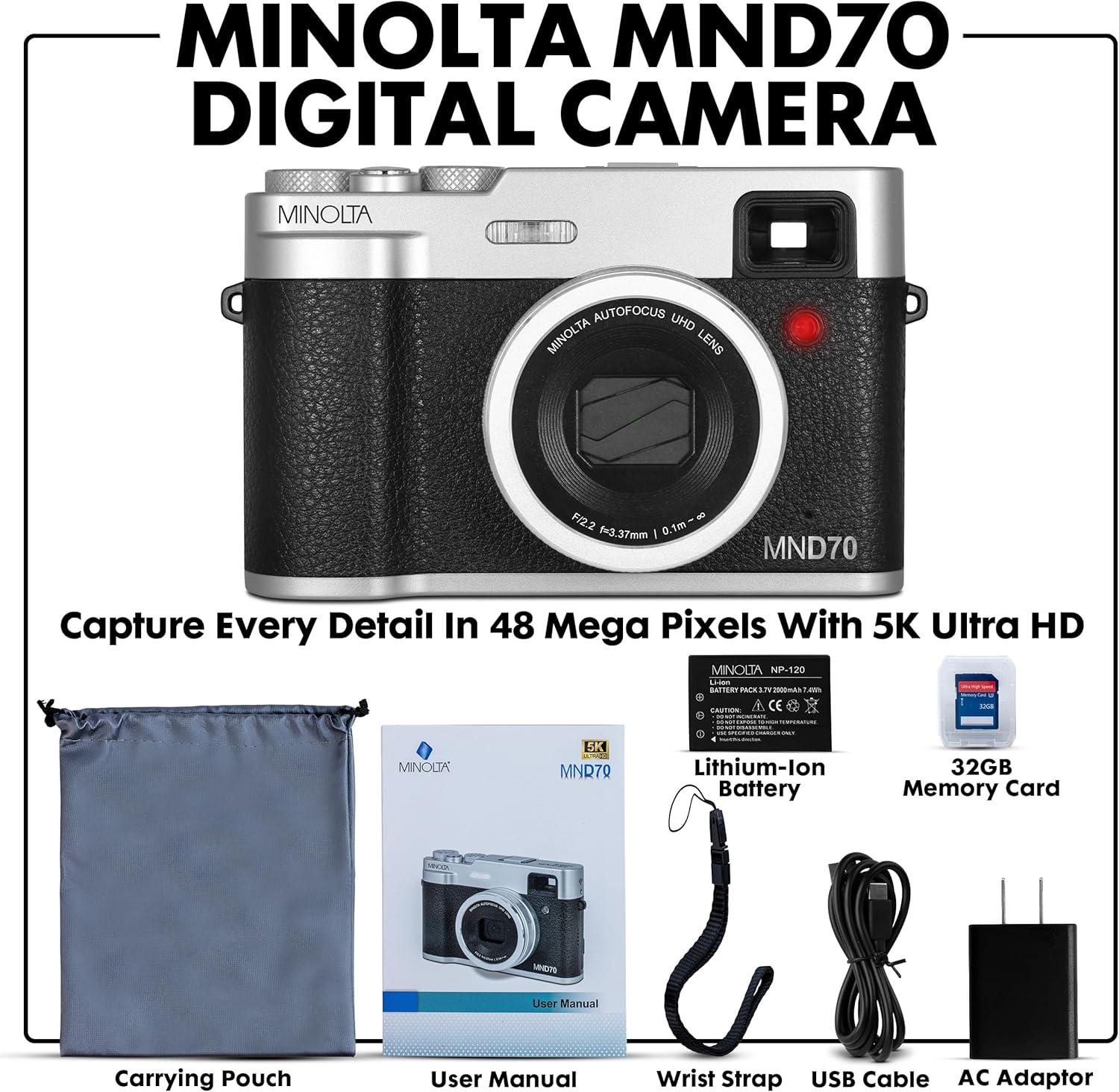 Minolta MND70 Retro 48 MP Autofocus Digital Camera with 5K Ultra HD Video, Rear Selfie Lens & WiFi, Silver