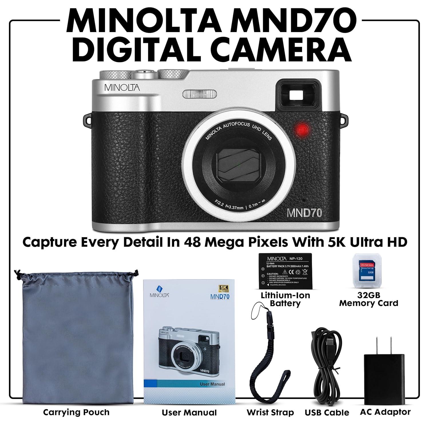 Minolta MND70 Retro 48 MP Autofocus Digital Camera with 5K Ultra HD Video, Rear Selfie Lens & WiFi, Silver