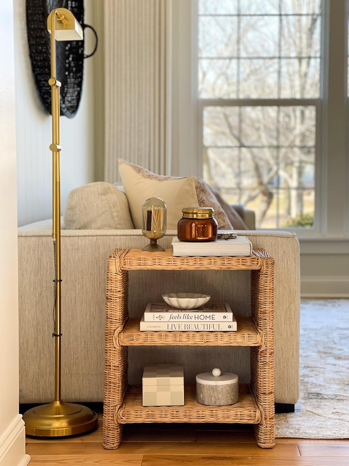 JONATHAN Y Praerie 22" Coastal Bohemian Rattan/Wood 3 Tier End Table, Natural