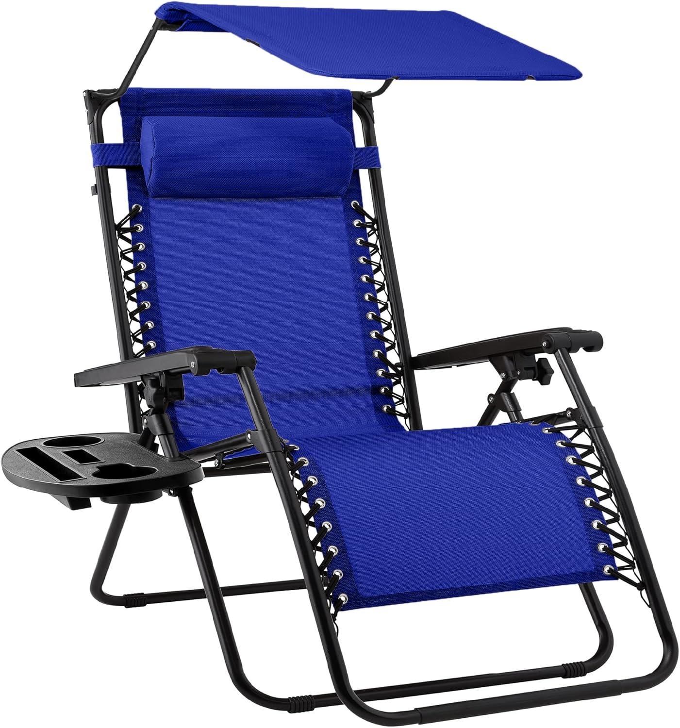 Best Choice Products Folding Zero Gravity Recliner Patio Lounge Chair w/ Canopy Shade, Headrest, Tray - Cobalt Blue