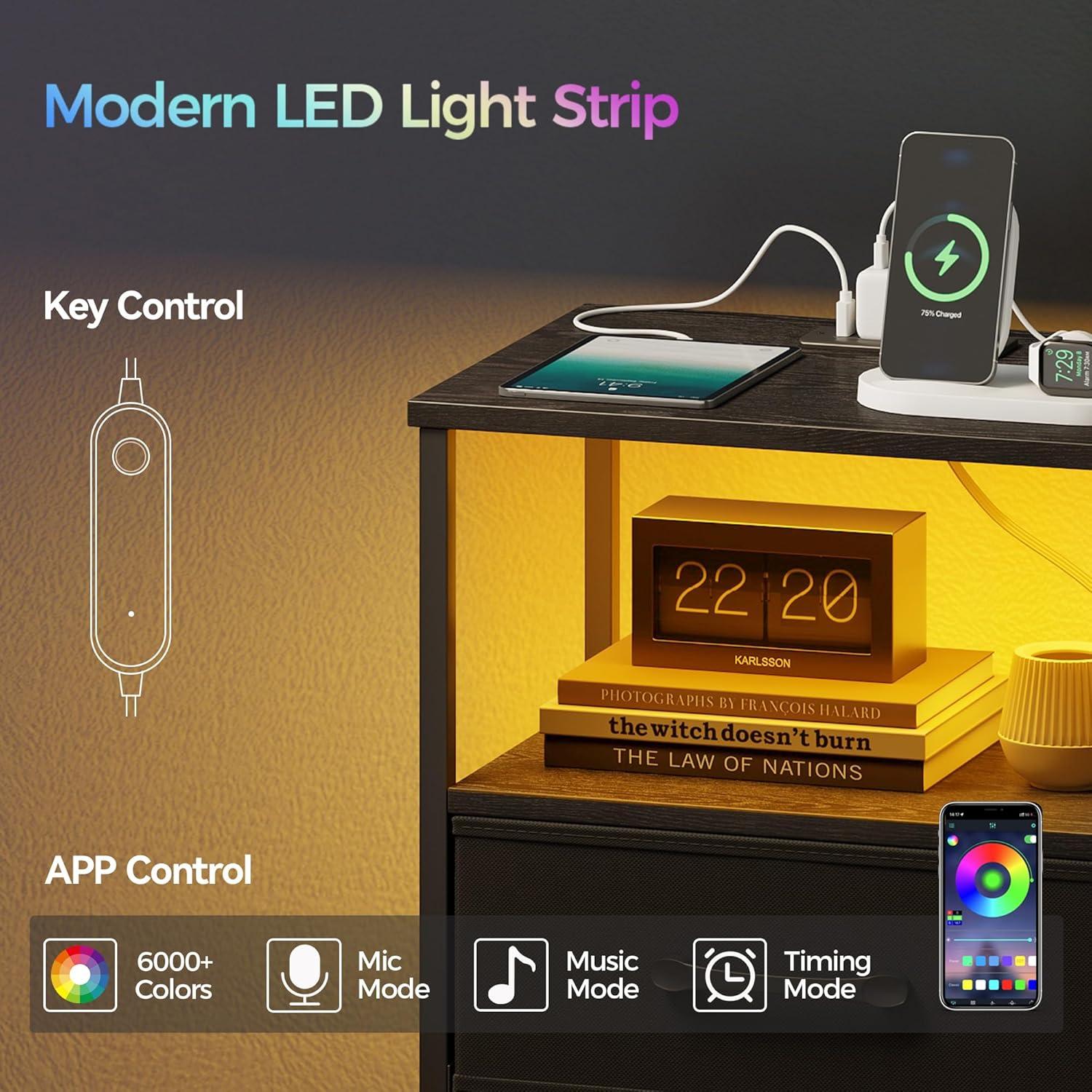 End Table with Charging Station, Narrow Side Table with 2 Fabric Drawers, Skinny Nightstand with LED Light, Slim Bedside Table for Bedroom, Living Room, Small Spaces, White