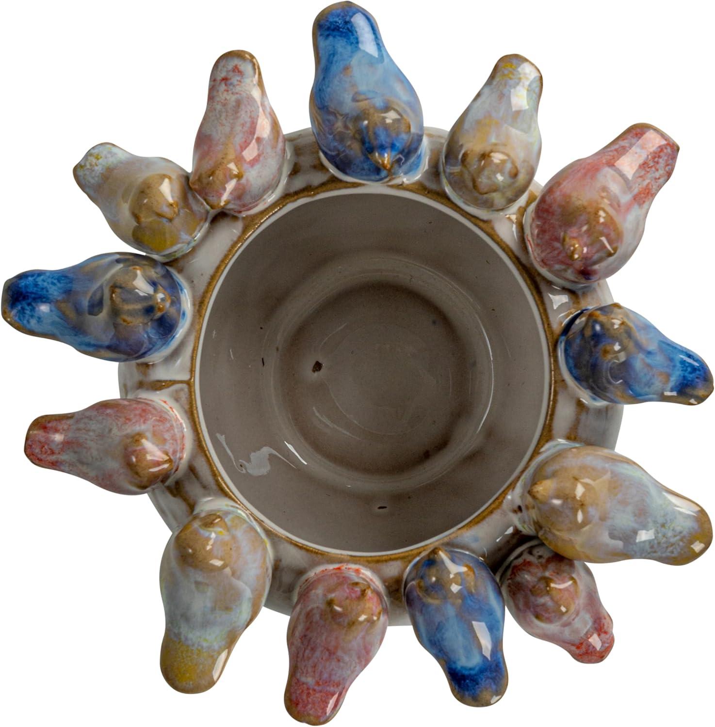 Multicolor Stoneware Planter with Birds and Reactive Glaze