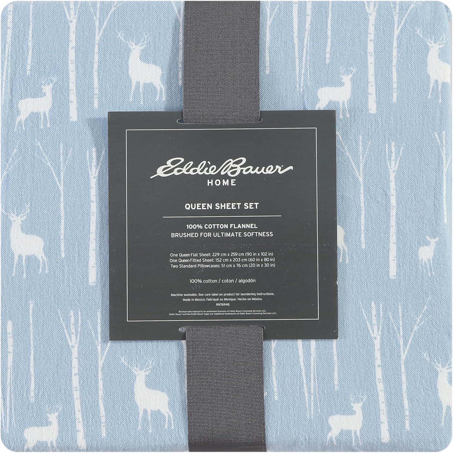 Eddie Bauer Birch Forest Blue Cotton Flannel 4 Piece Sheet Set, Full