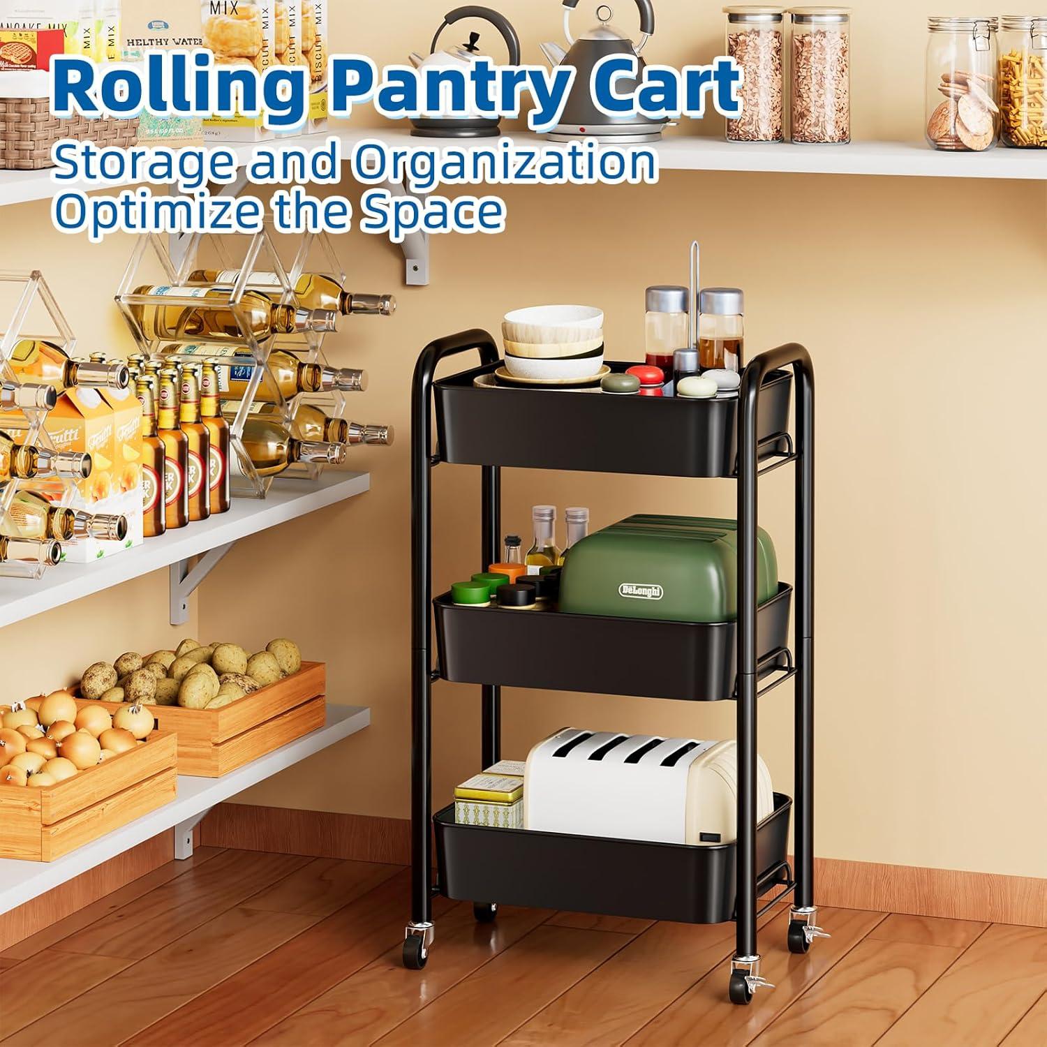 Zeki Shoggy 3-Tier Rolling Metal Storage Organizer - Mobile Utility Cart, Kitchen Cart With Caster Wheels (Black)