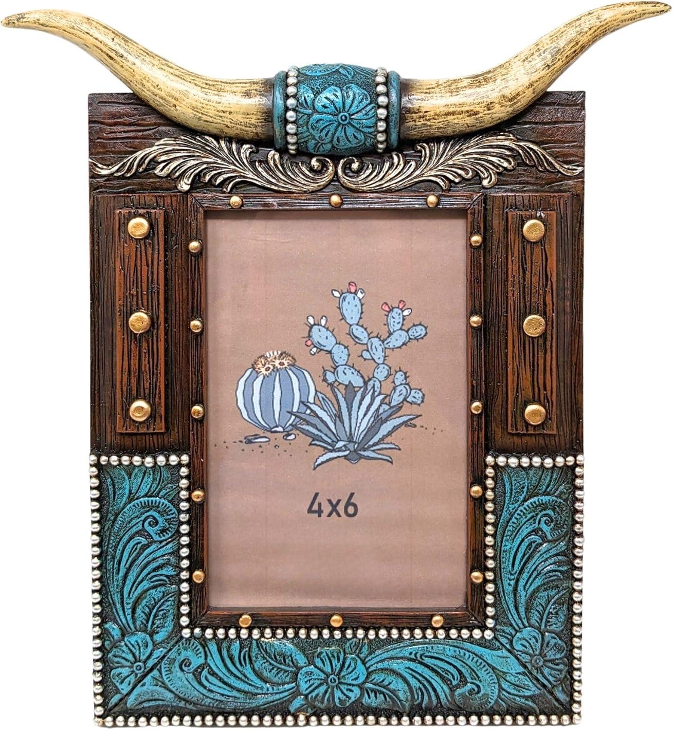 Union Rustic Rustic Southwestern Picture Frame with Tooled Leather and Faux Horns Accents