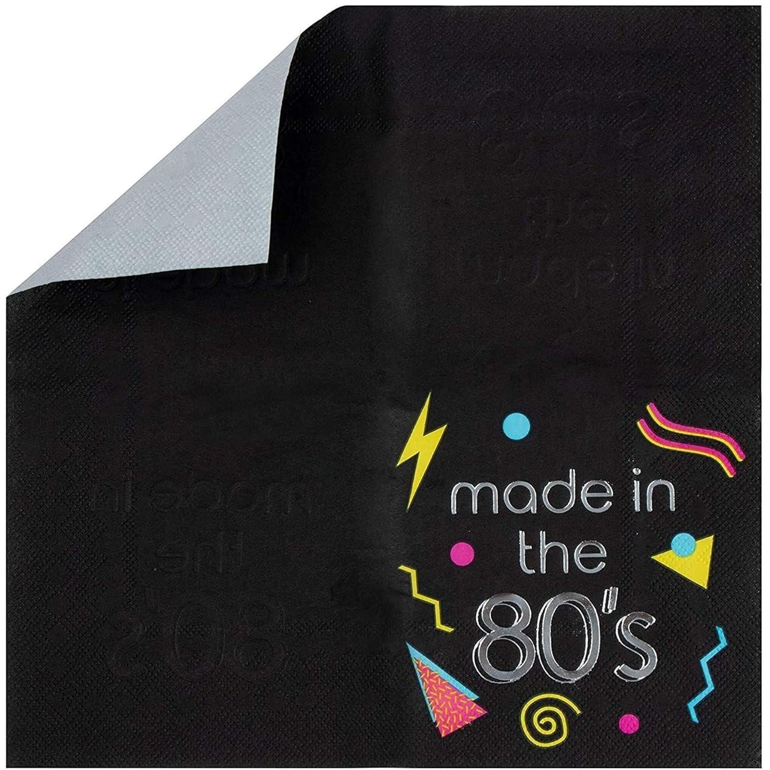 Juvale 80s Cocktail Napkins - 50-Pack Made in the 80s in Silver Foil Disposable Napkins, Black