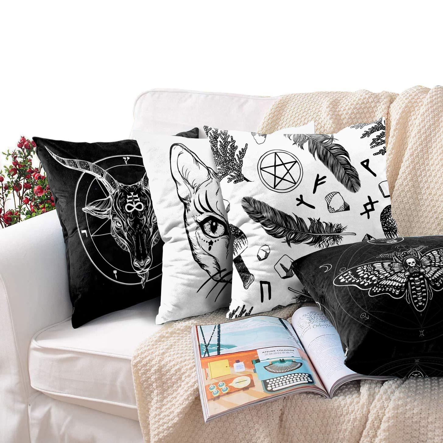 Britimes Throw Pillow Covers 18x18 Inches Home Decor Set of 4 Pillow Cases Decorative for Bed Sofa Cushion Couch Outdoor Capricorn Cat Feather Moth Gothic Pillowcases (Black and White)