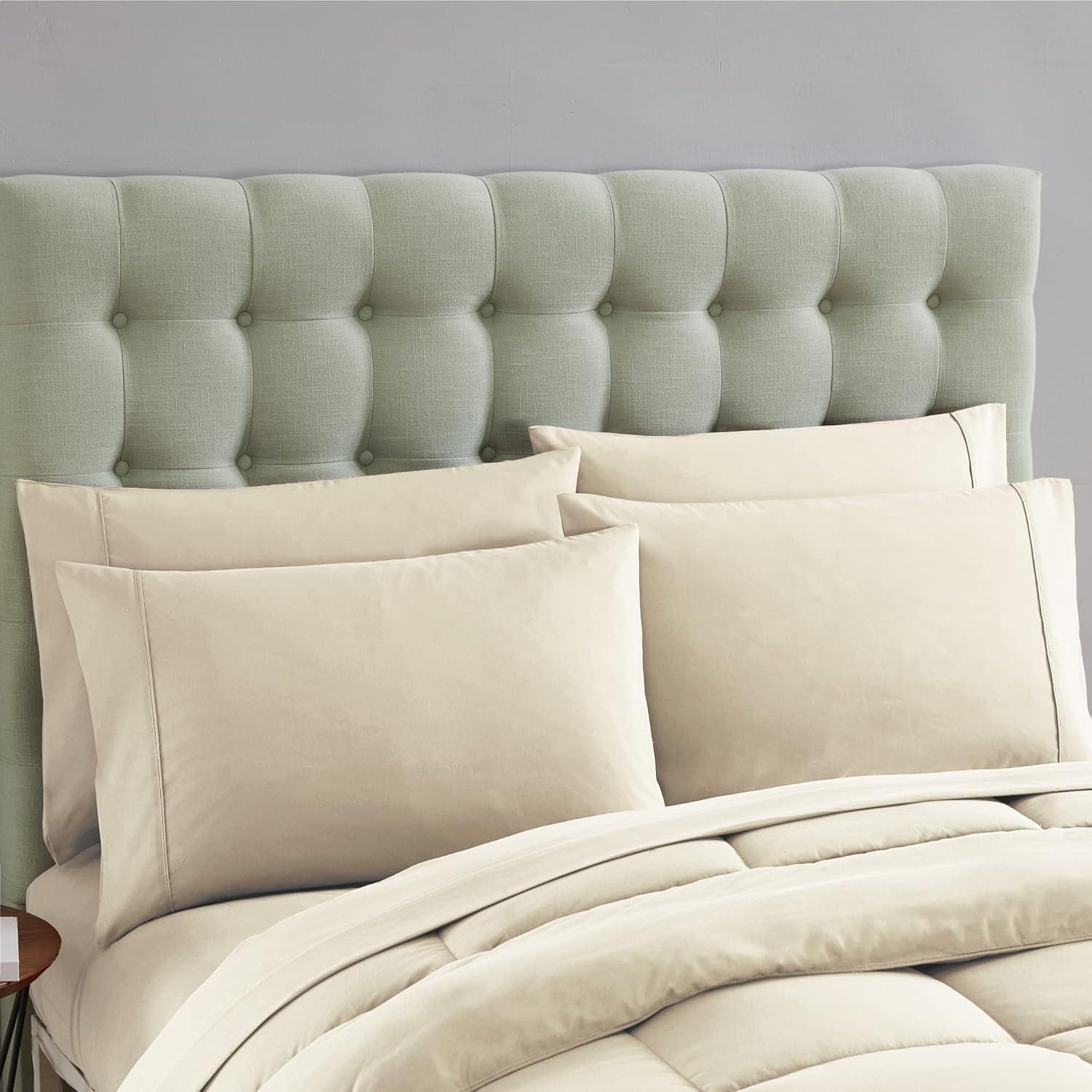 Bed-in-A-Bag Solid Color Comforter & Sheet Set Soft All Season Bedding, Queen, Beige