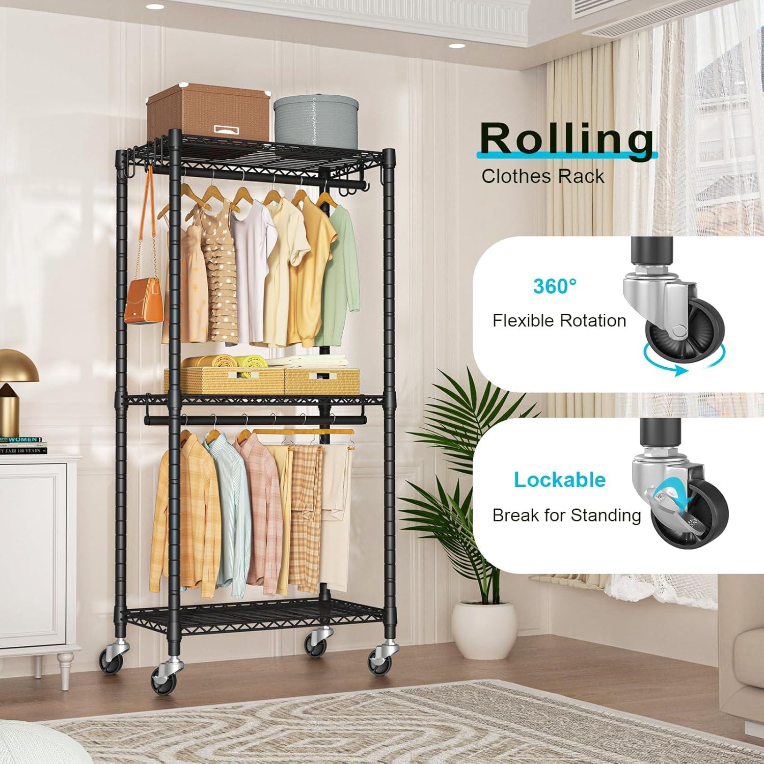 Heavy Duty Clothes Rack Rolling Garment Rack,3 Tier Adjustable Wire Shelving Clothing Racks for Hanging Clothes with Double Rods&Side Hooks,Freestanding Wardrobe Storage Rack Metal Portable Closet