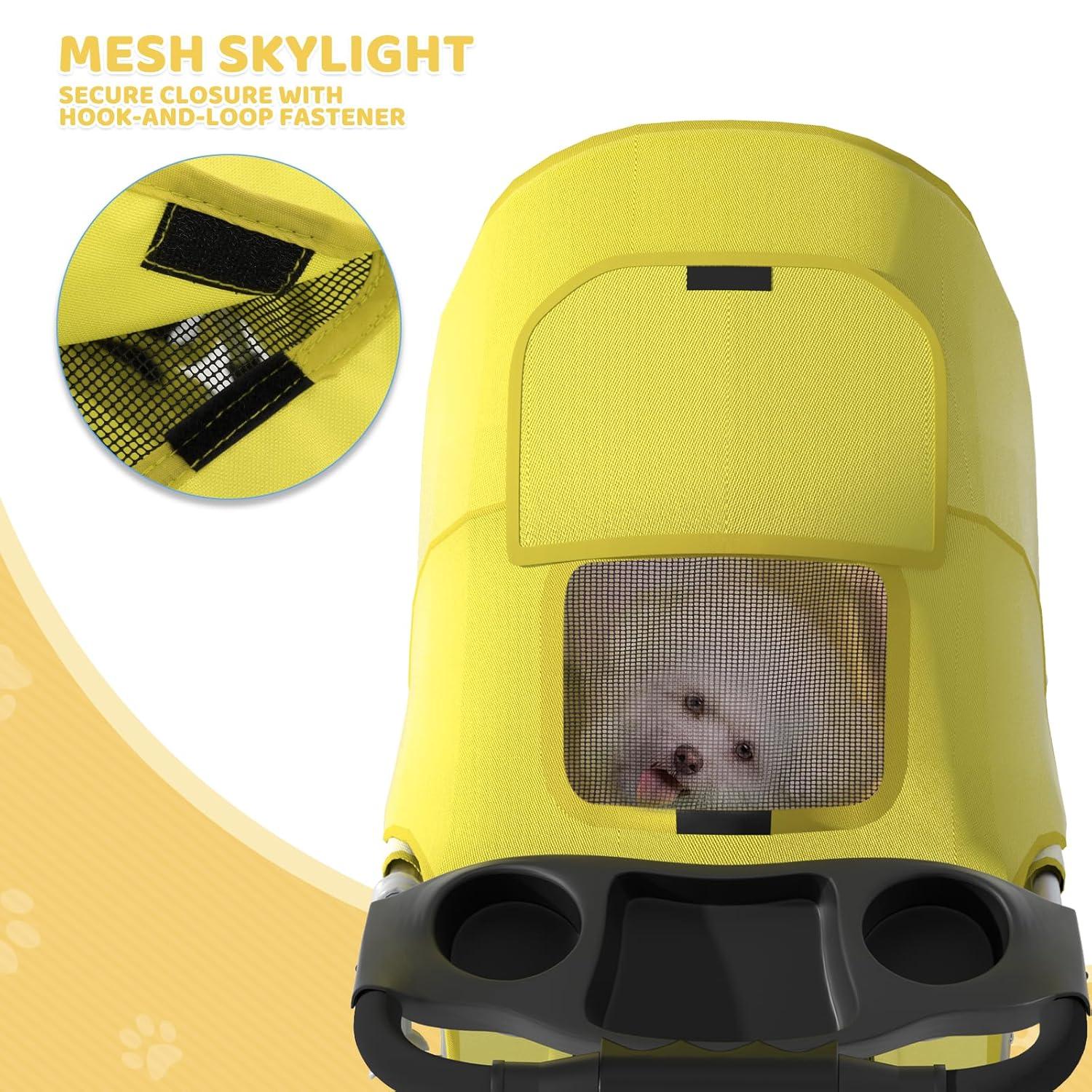 Zengpin 3-Wheel Pet Stroller, Foldable Travel Jogger for Small & Medium Dogs & Cats (Up to 33lbs), Lightweight Carrier with Breathable Mesh Cover, Cup Holder & Storage Basket, Yellow