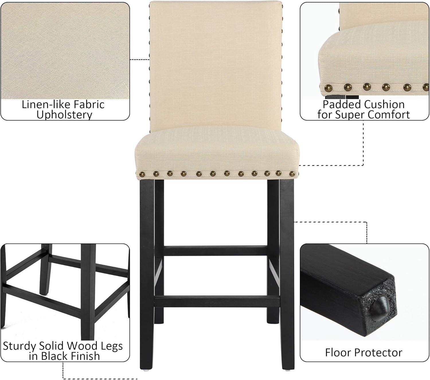 Alieon Counter Stools Nail Head Decoration 24” Soft Cushions with Solid Wood Legs (Set of 2 Beige)