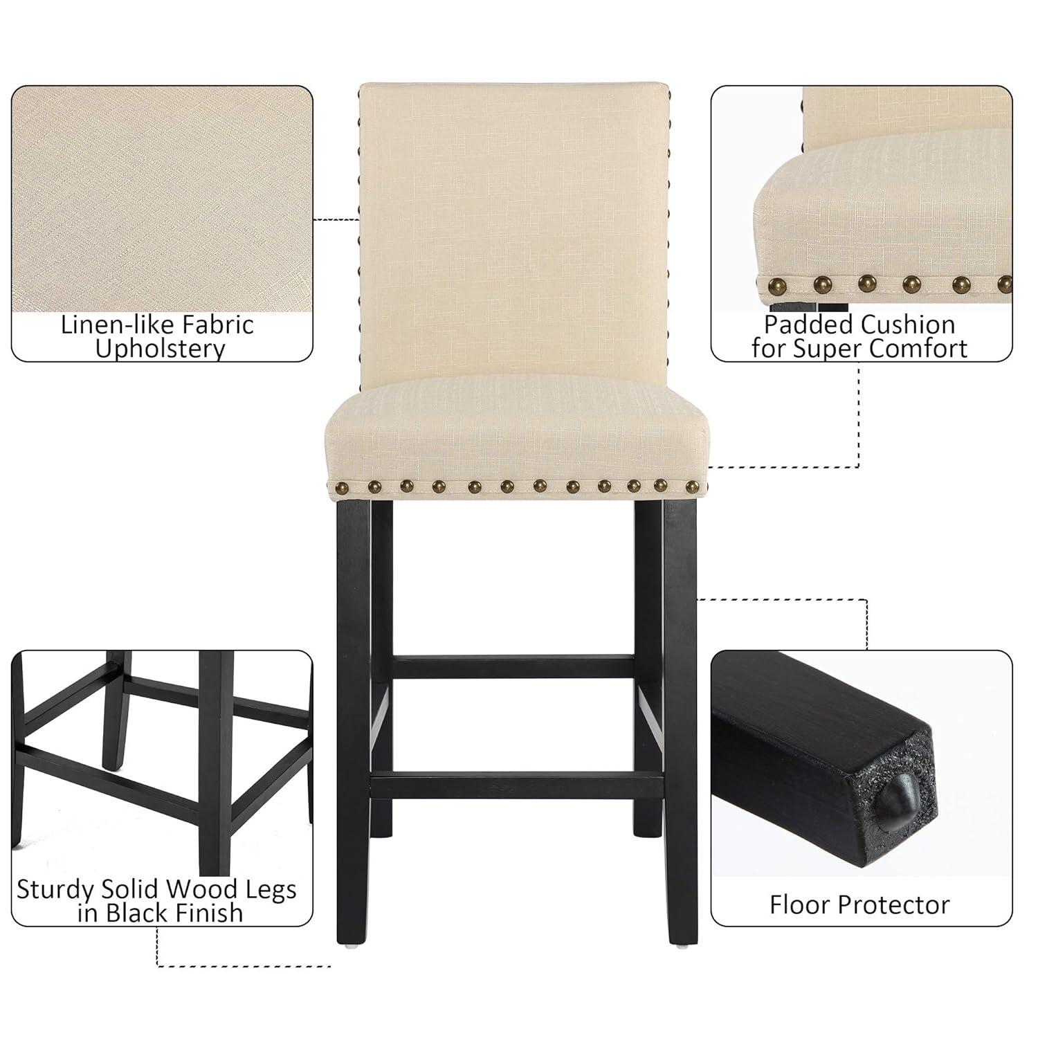 Alieon Counter Stools Nail Head Decoration 24” Soft Cushions with Solid Wood Legs (Set of 2 Beige)