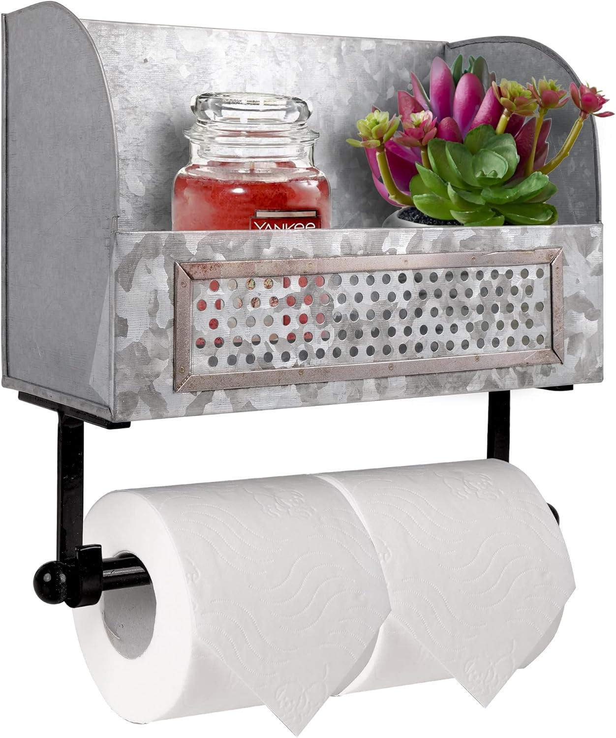 Galvanized Double Roll Rustic Toilet Paper Holder with Shelf