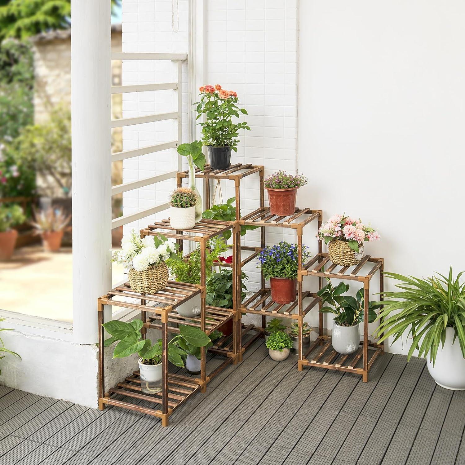 Brown 5-Tier Solid Wood Indoor Outdoor Plant Stand