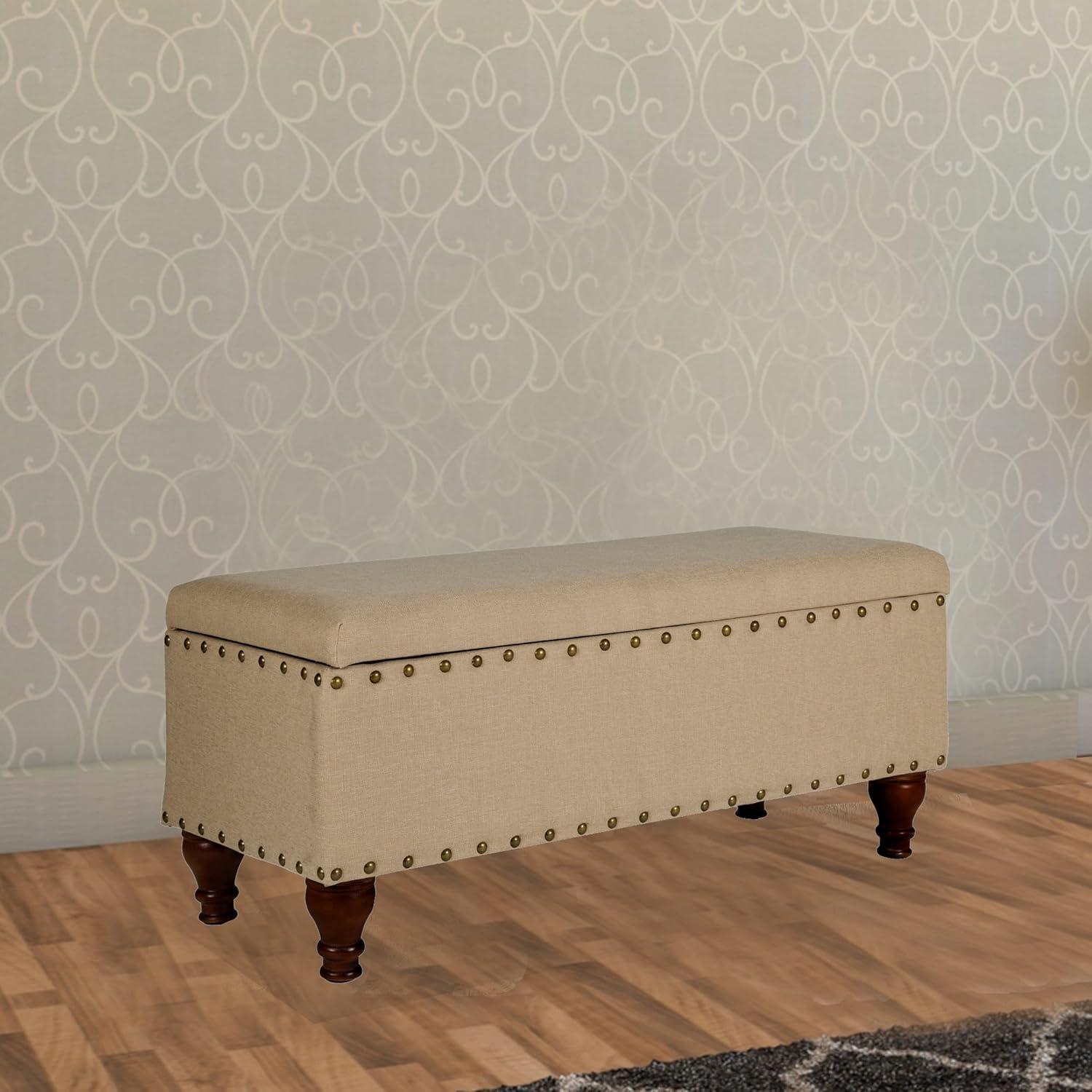 Large Storage Bench with Nailhead Tan - HomePop: Upholstered, Wood Legs, Hinged Lid